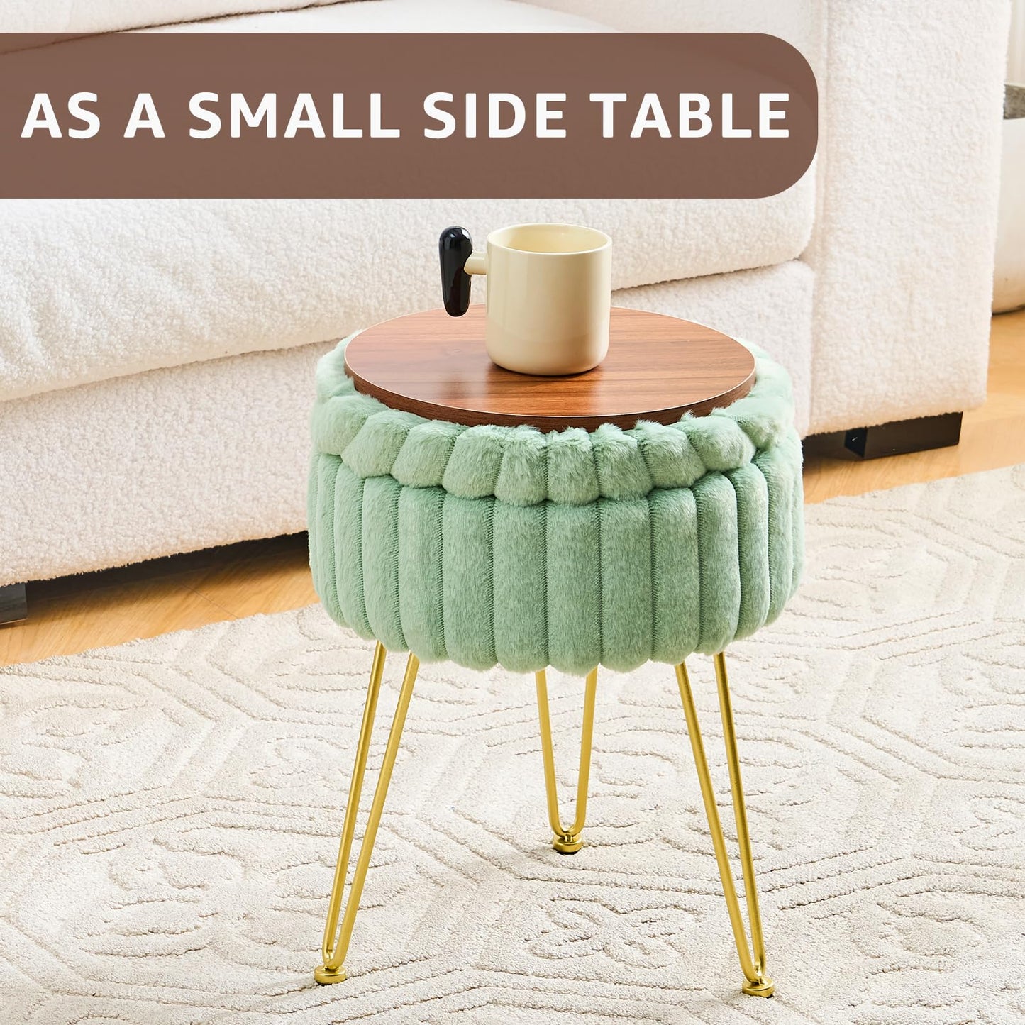 Wimarsbon Vanity Stool with Storage, Faux Fur Ottoman Chair with Metal Legs, Round Makeup Vanity Chair for Bedroom or Dressing Table, Modern Small Ottoman Seat (Green)