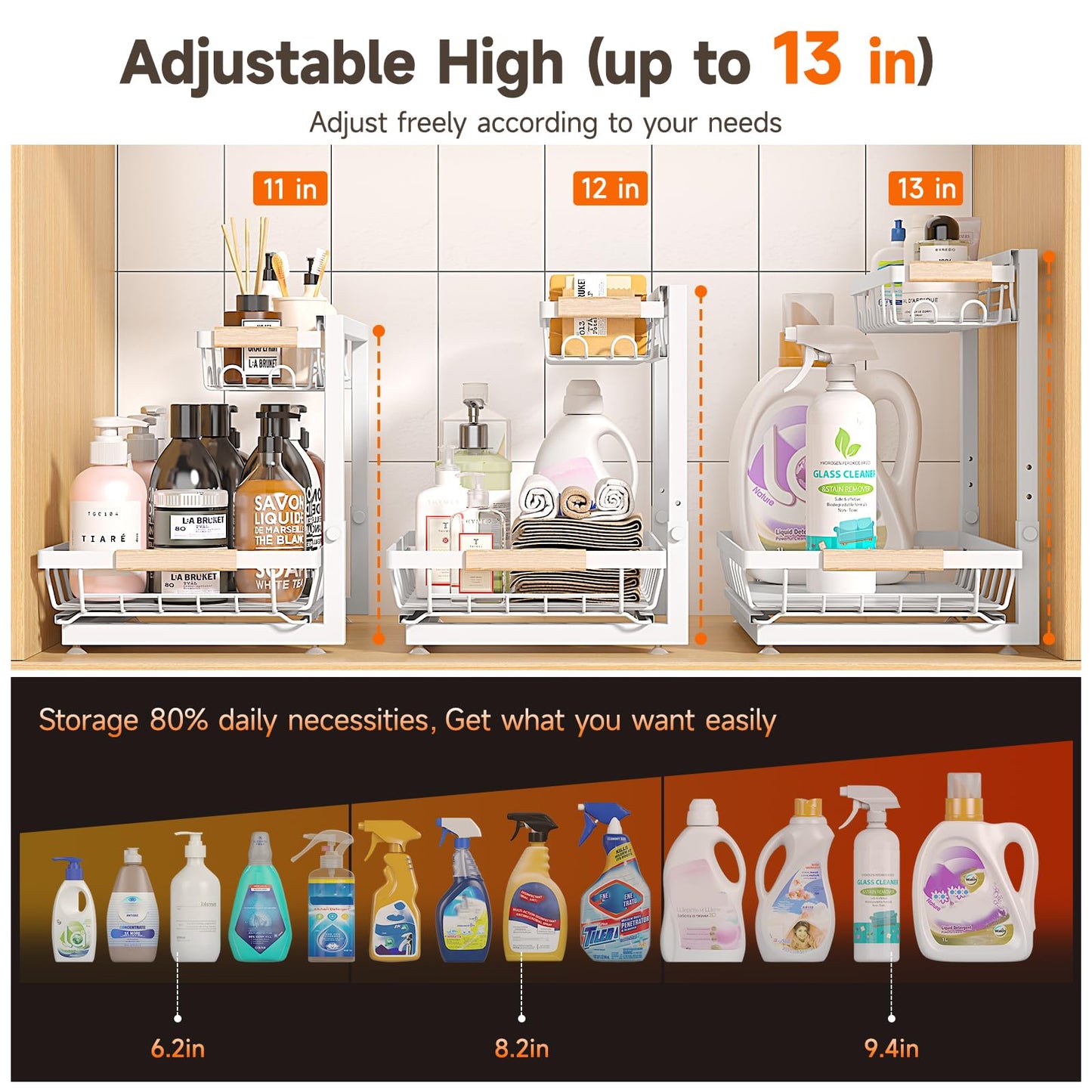 Sevenblue 2 Packs Under Sink Organizer, Height Adjustable 2 Tier Under Kitchen Sink Organizer, Multi-Purpose Storage Shelf for Kitchen Bathroom Cabinet (White, Large)
