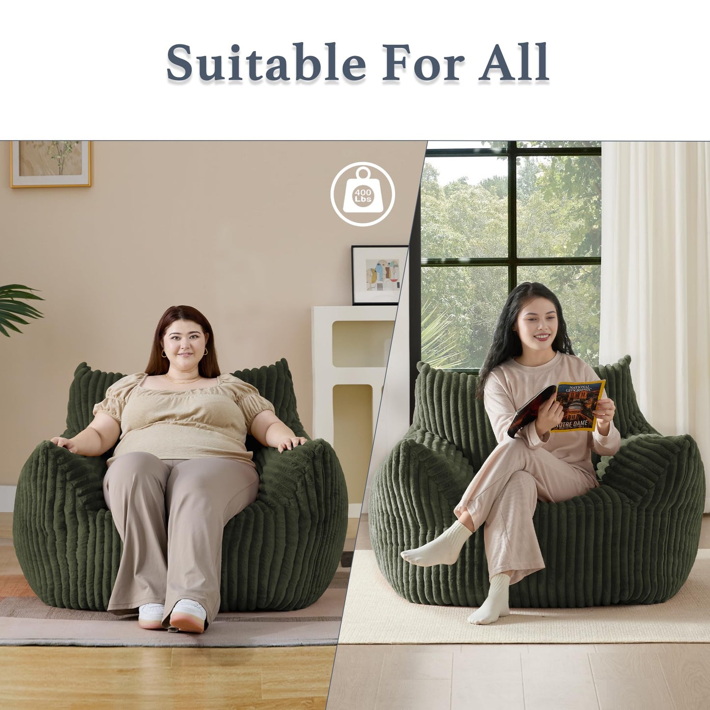 Gericco Giant Plush Bean Bag Chair for Adults with Armrests - Oversized Comfy Green Beanbag Lounge Lazy Floor Sofa Accent Chair for Living Room, Bedroom & Dorm, Cozy Fluffy Single Cloud Mini Couch