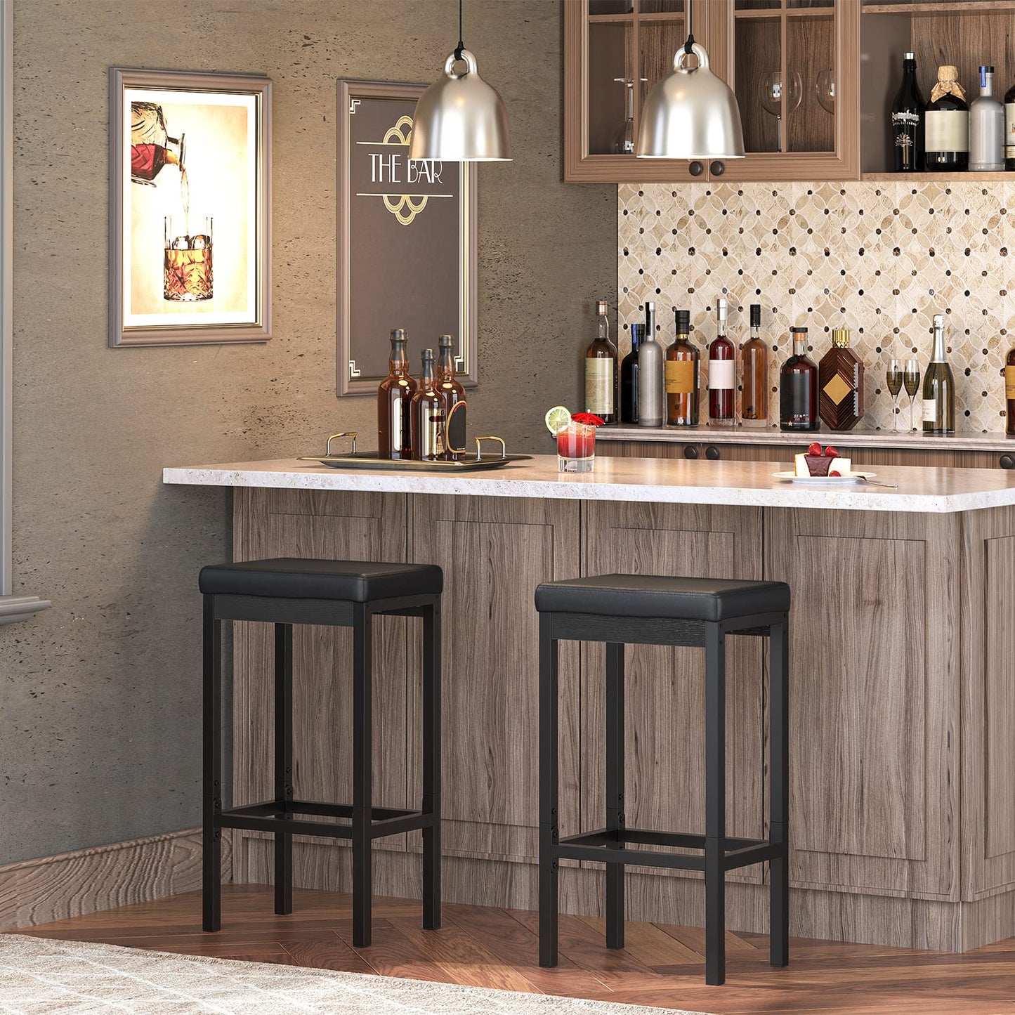 HOOBRO Bar Stools, Set of 2 Bar Chairs, 24.8-Inch Height Stools, Breakfast Bar Stools, Kitchen Stools, 2" Thick Upholstery, for Kitchen, Dining Room, Cafe, Bar Counter, Black BB21BY01