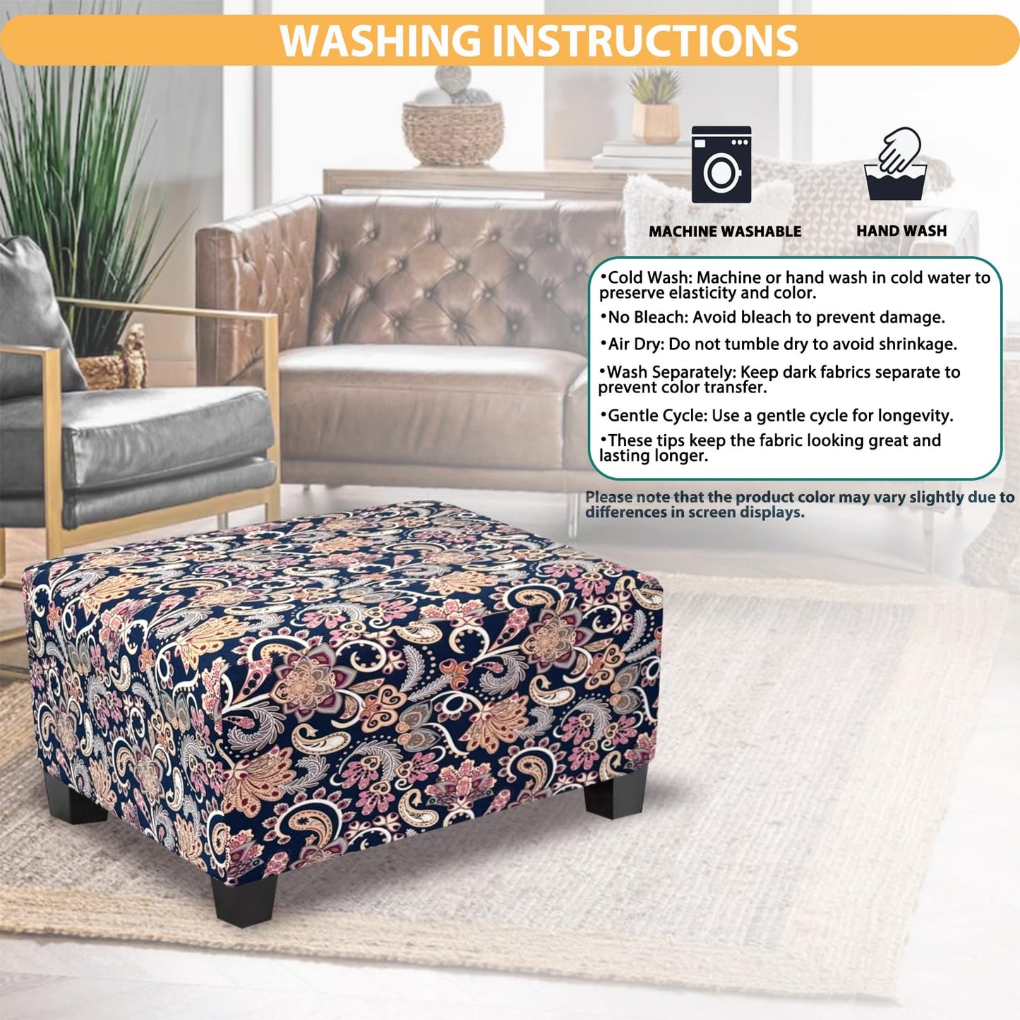 TOPHMDECOR Ottoman Cover Rectangle Printed,Stretch Footstool Slipcover with Elastic Bottom,Soft Fabric Protector for Rectangular Ottoman in Living Room or Bedroom,Medium,Flower H