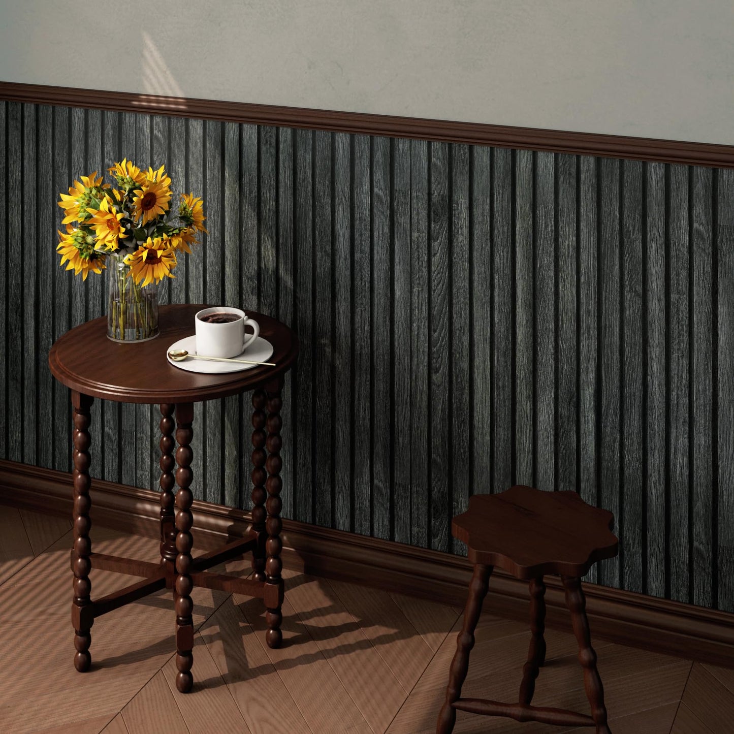 LACHEERY Black Wood Panel Wallpaper Peel and Stick 3D Wood Slat Wall Paper Black Wooden Slats Panels for Wall Cabinets Removable Contact Paper Self Adhesive Oak Slat Panel Roll Decorative 15.8"x80"