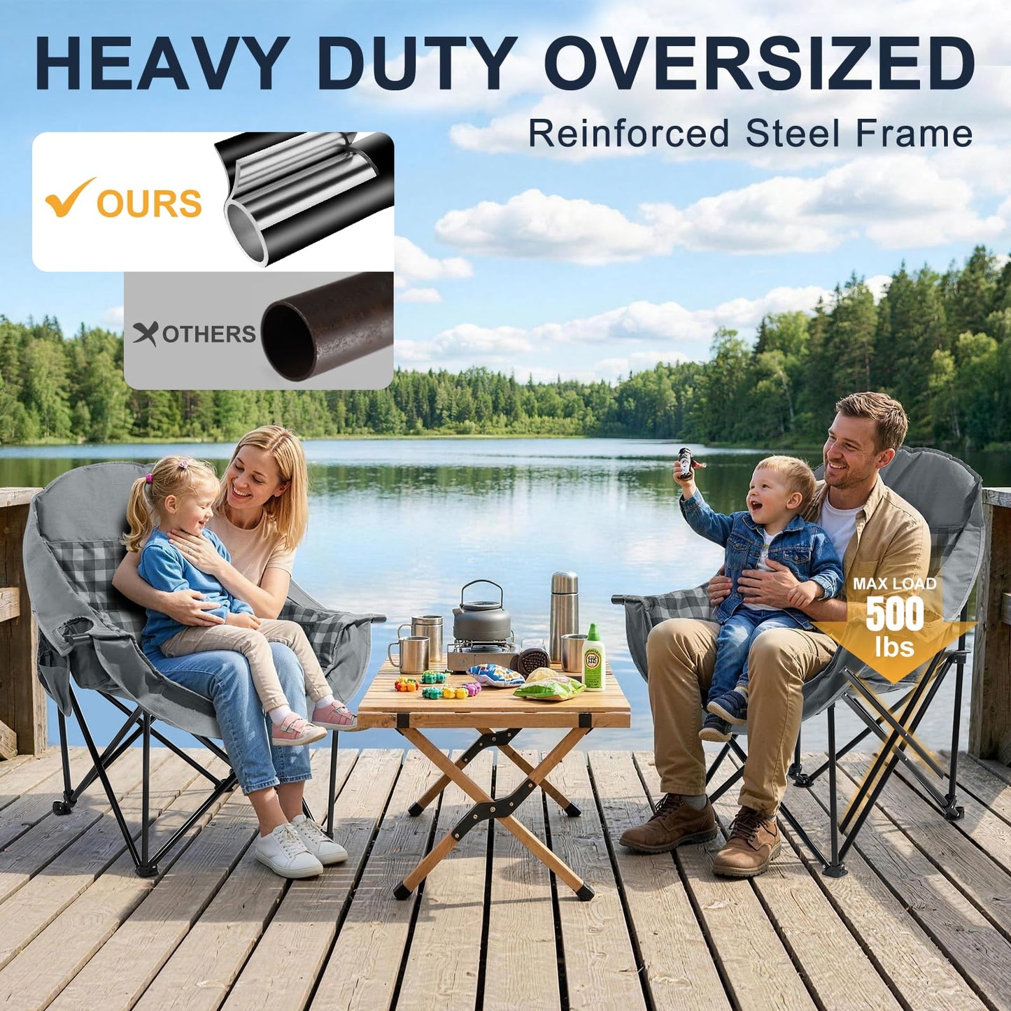 Oversized Camping Chairs for Adult - Heavy Duty Padded Portable Folding Chair XL Collapsible Camp Chair with Cup Holder Side Pocket for Outdoor Lawn Beach Sport Fishing Support 500LBS, Plaid 2 Pack
