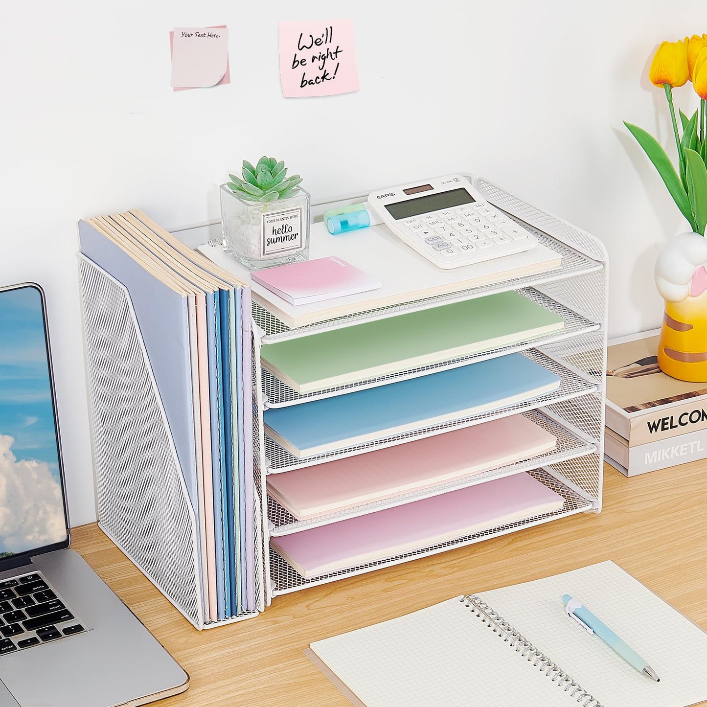 OPNICE Desk Organizer, 5-Tier Paper Organizer Letter Tray with Magazine Holder, Office Desk Accessories & Workspace Organizers, Desktop File Organizer for Office Supplies Storage, White