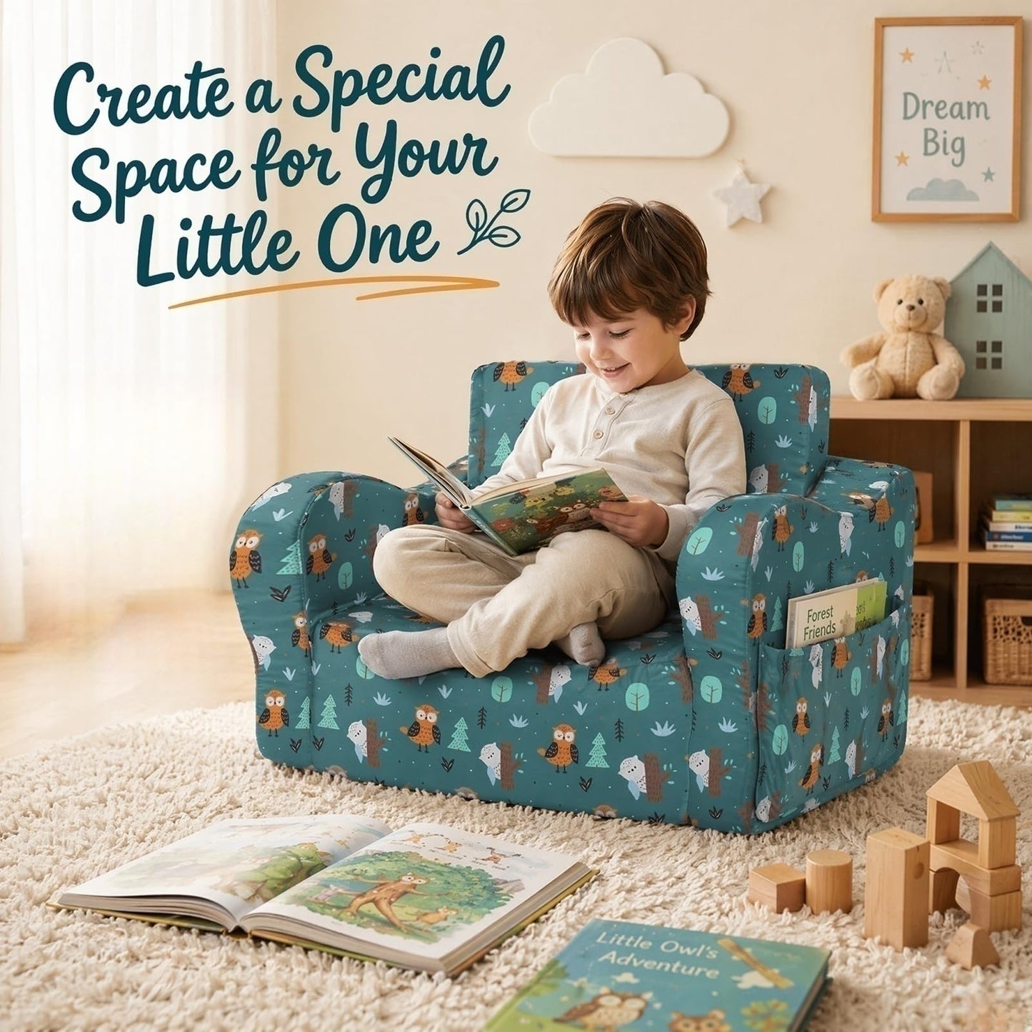 MOMCAYWEX Kids Sofa, 2-in-1 Flip-Out Foam Couch, Foldable Soft Play Lounge Chair, Teal