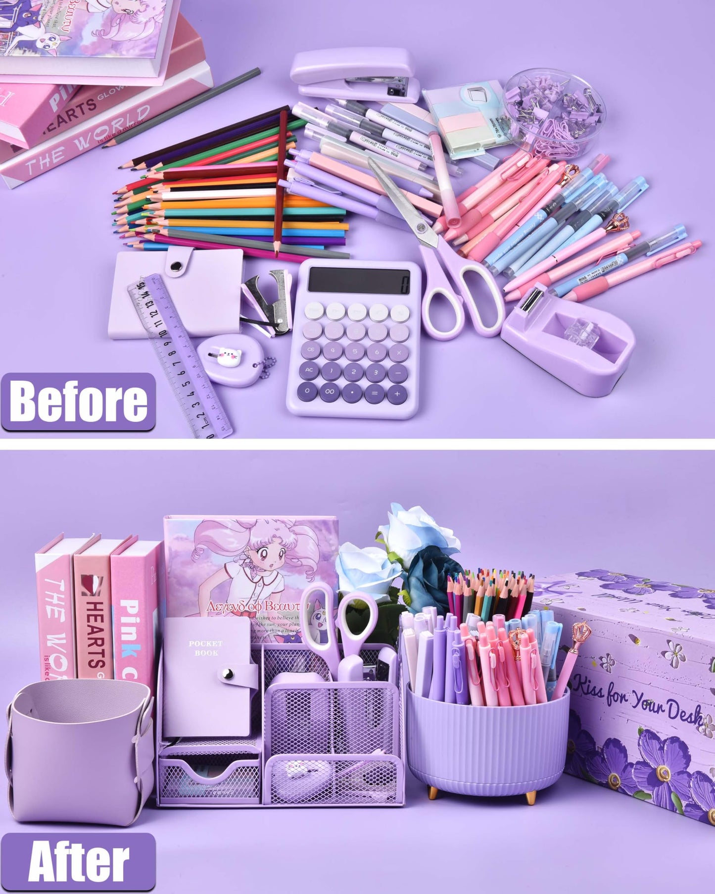 LXEVIHK 21Pcs Purple Desk Organizers and Accessories With Mesh Desk Organizer and 360°Rotating Pen Holder and a Lot of Office Purple Office Supplies Beautifully Presented in a Gift Box
