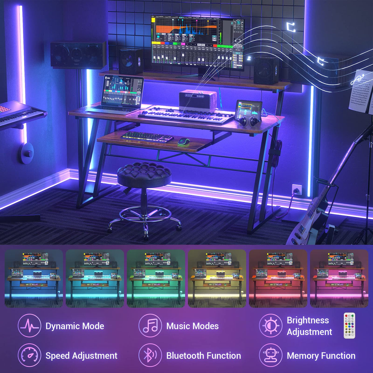 Armocity Music Studio Desk, Music Production Workstation with Power Outlets and RGB LED Lights, Recording Studio Table Desks Music Producer for Home, Rustic Brown