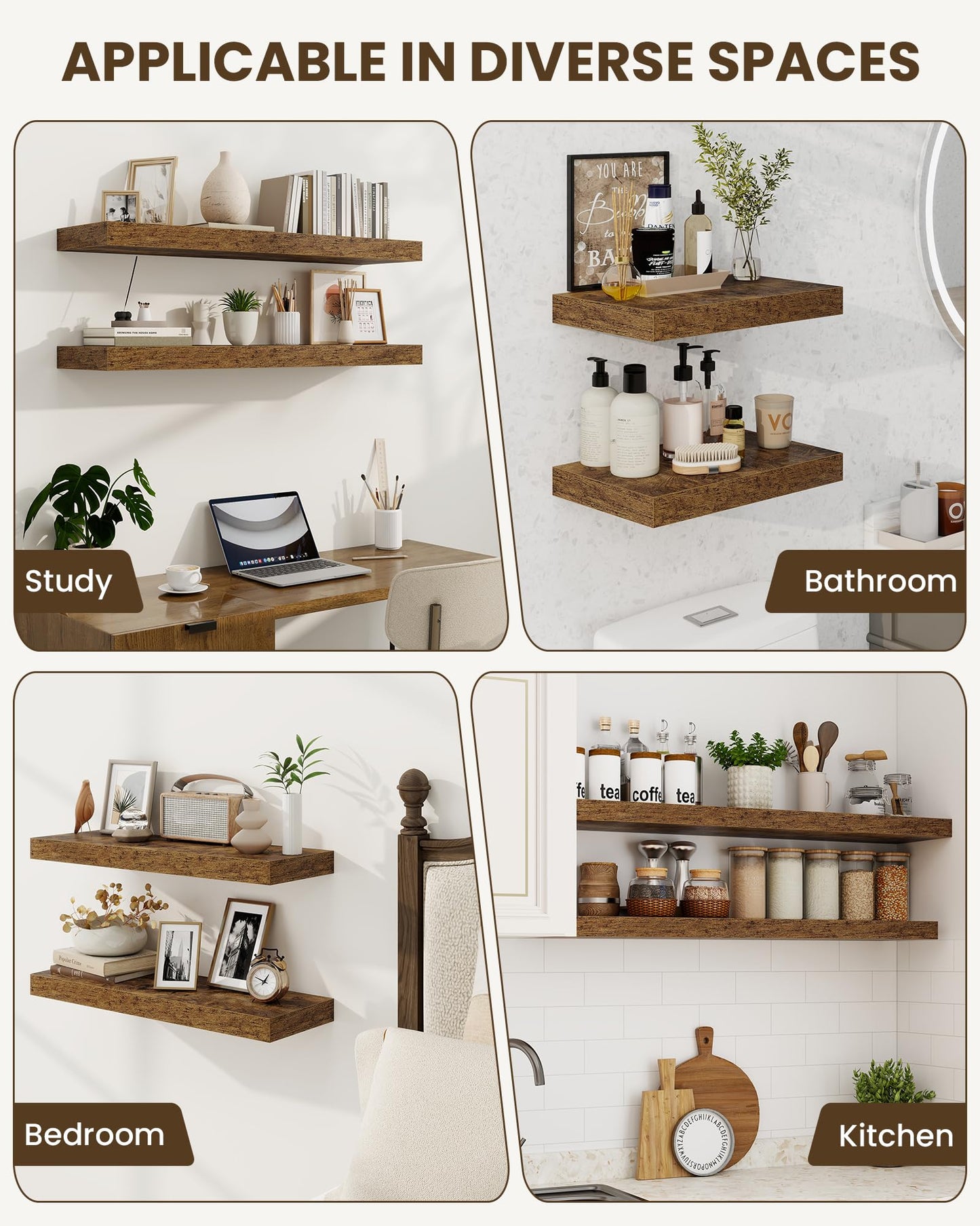 Marsmiles 16" Floating Shelves for Wall, Wooden Shelves with Invisible Brackets Set of 2, Rustic Farmhouse Wall Mounted Shelf for Kitchen Bathroom Living Room Study, Rustic Brown