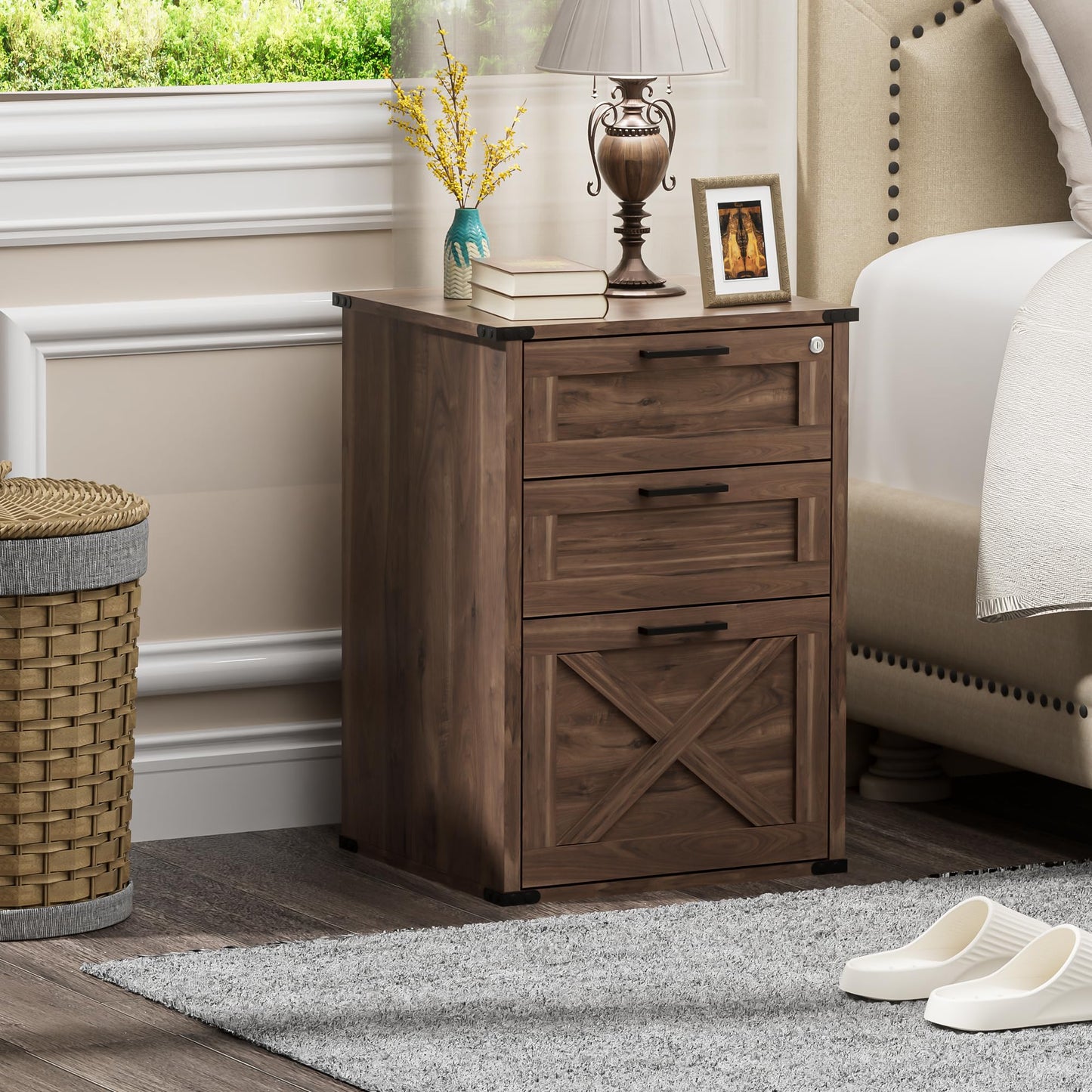 Onelike Small Wood File Cabinet with Lock, Nightstand with Charging Station, 3 Drawer Under Desk Lateral Filing Cabinets for Home Office, Printer Stand with Storage, Brown