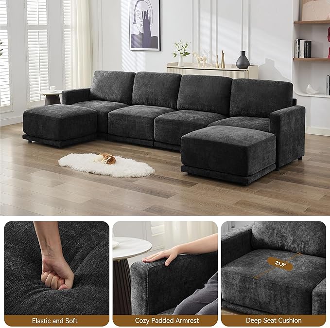 143.8" Modular U Shaped Sofa, Oversized Sectional Cloud Couch, 6 Seater Deep