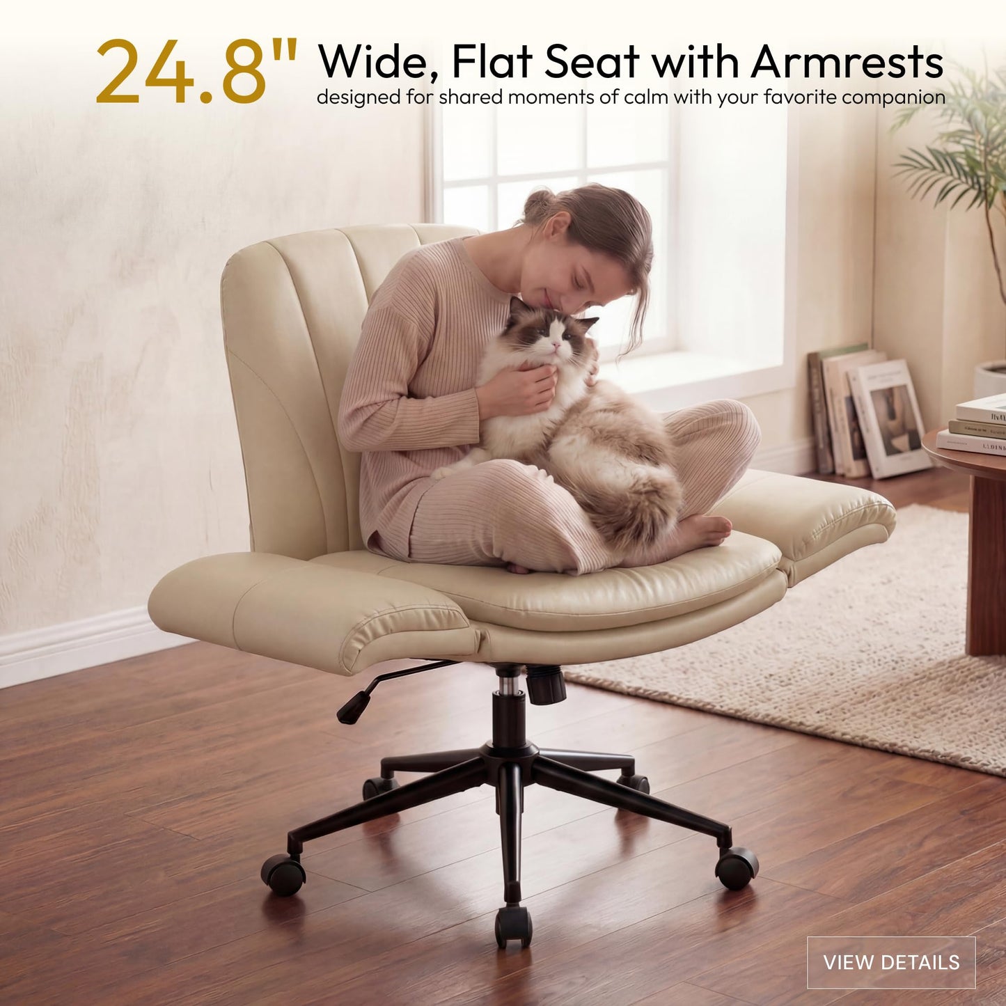 Dowinx Criss Cross Chair with Five-Level Adjustable Arms and Wheels - Comfortable Ergonomic PU Leather Swivel Vanity Chair - Computer Makeup Gaming Chair for Home Office, Bedroom, Vanity Room (Khaki)