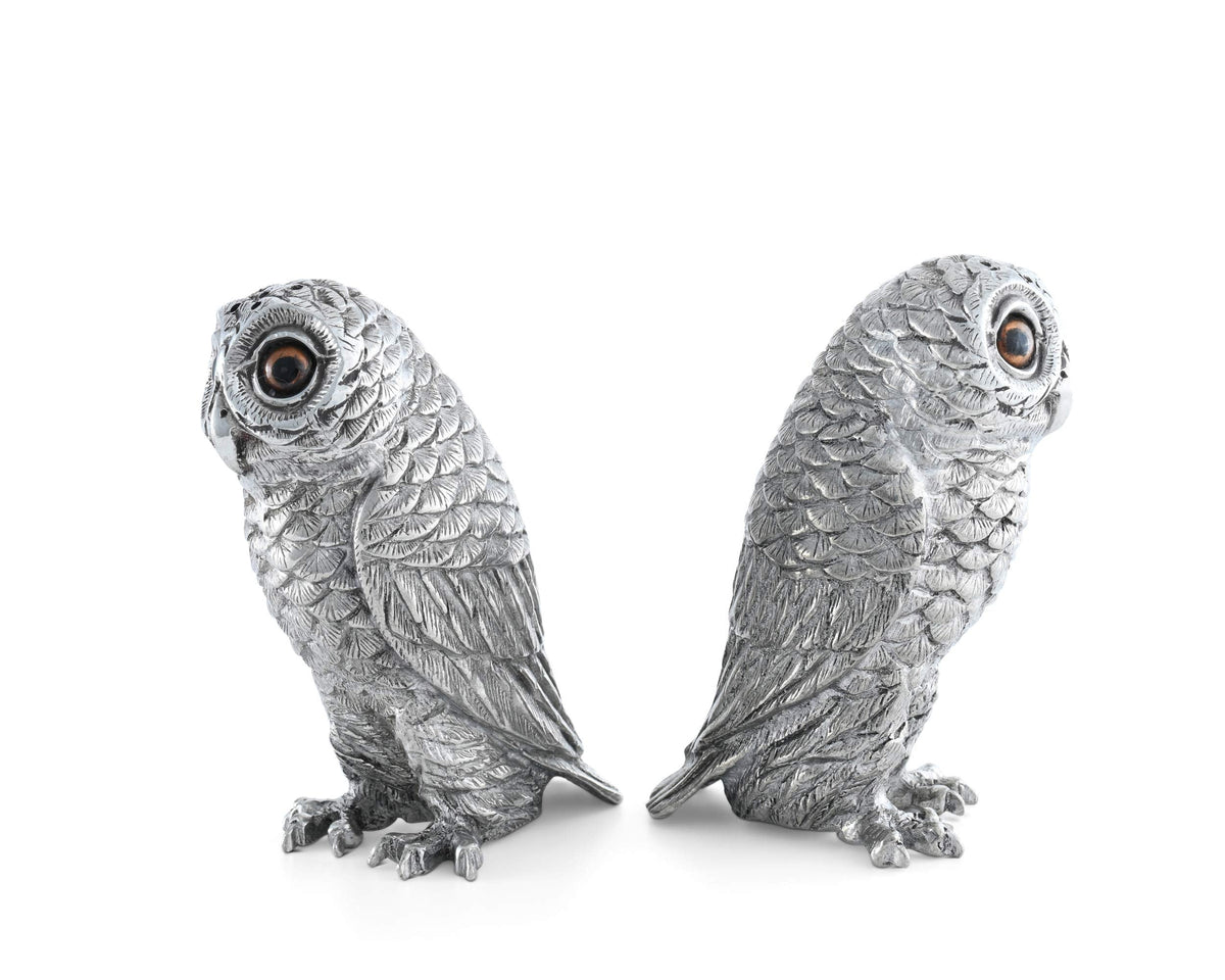 Vagabond House Pewter Metal Owl Salt and Pepper Shaker Set with Hand-Painted Eyes Thanksgiving Harvest Table 3.75 inch Tall