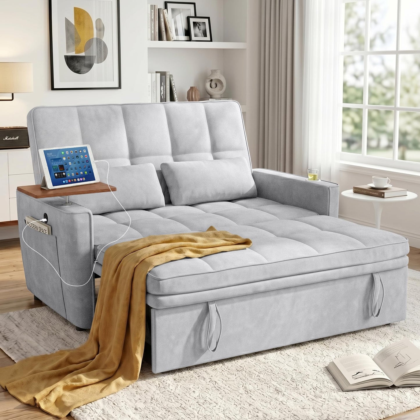 tiramisubest 54'' Sleeper Sofa Bed, Convertible Pull Out Couch Futon for for Living Room,Apartment (Midgrey) Side Desk, USB Ports, Cup Hold, Velvet Fabric, Adjustable Backrest, Easy Assembly