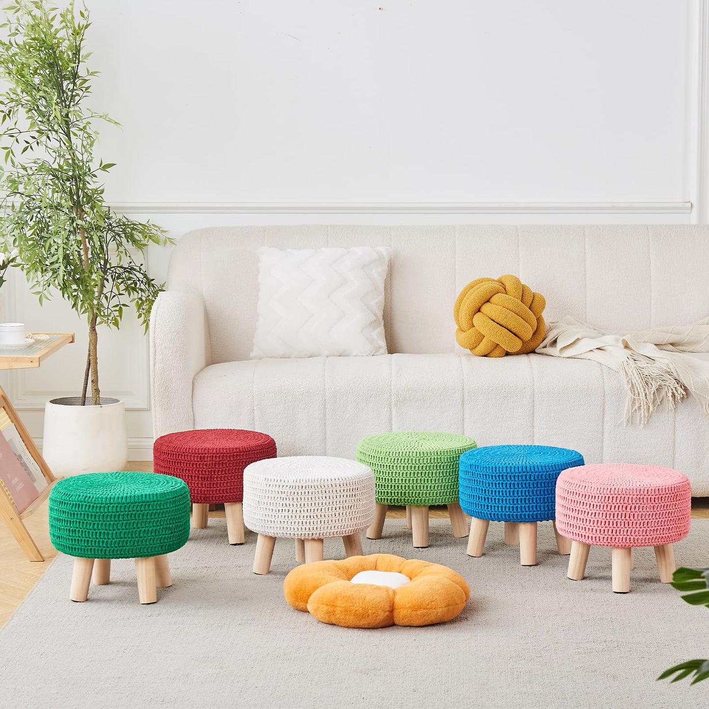 Wimarsbon Pouf Ottoman, 100% Cotton Knitted Boho Footstool, Round Footrest with Non-Skid Wood Legs, Home Décor Handmade Pouffe, Leisure Floor Step Stool for Living Room (Matcha)