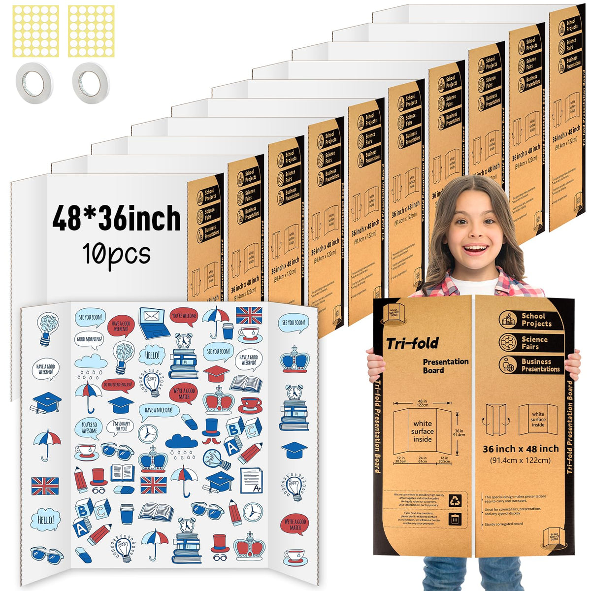 10 Pack Trifold Poster Board 48" X 36", IKAYAS Single Sided White Poster Boards, Science Fair Display Boards Posterboard for Mounting, Prints,Art,Display,Projects Classroom Supplies