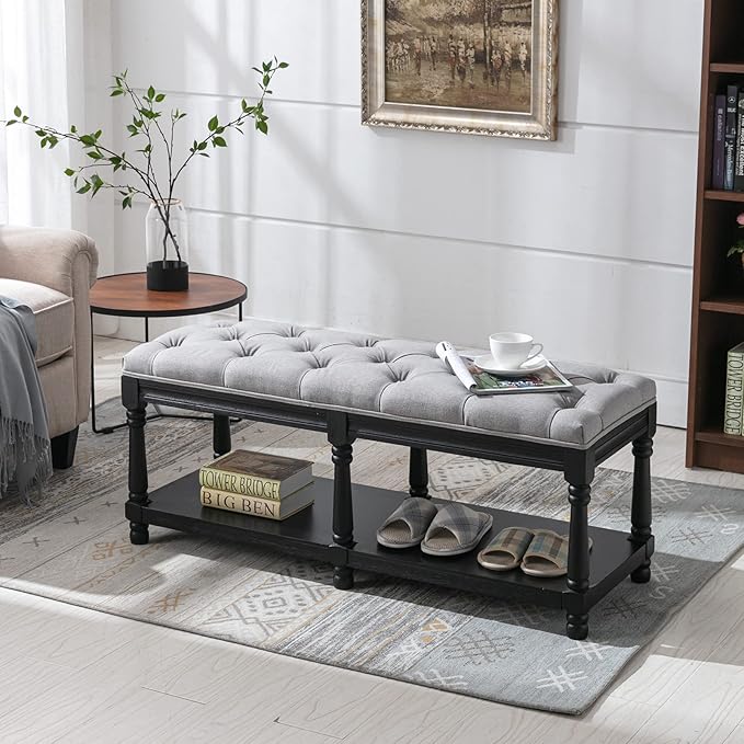 Farmhouse Storage Bench Wooden Entryway Linen Upholstered Ottoman Button Tufted