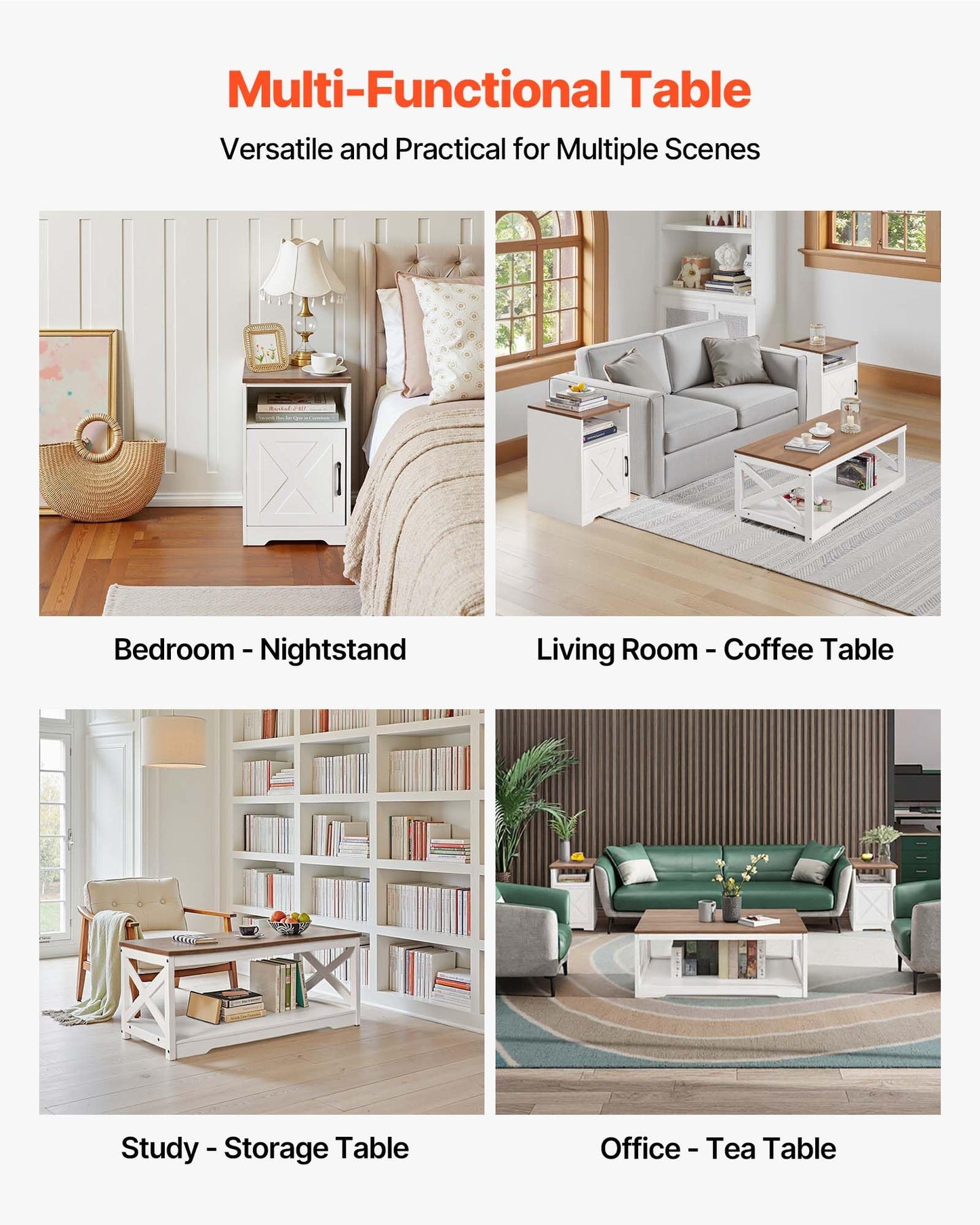 VEVOR 3 Pieces Farmhouse Coffee Table Sets, 40 Inch Industrial Coffee Table with 2 End Tables, Easy Assembly Coffee and Side Tables Sets with Charging Station, for Office, Living Room & Apartment