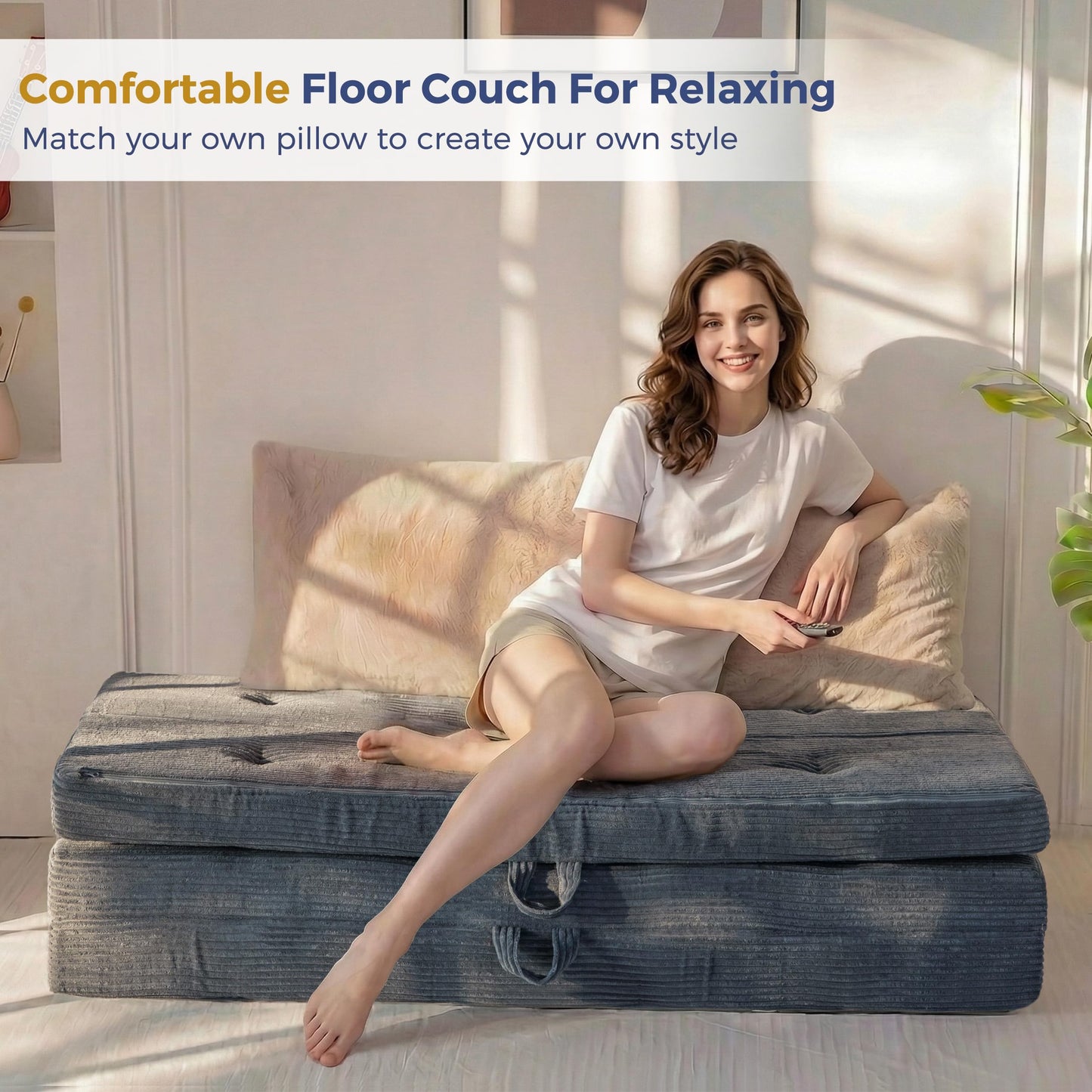 MAXYOYO Foldable Sofa Couch Bed, 4 Inch Tufted Folding Couch, Portable Floor Couch with Handles Guest Bed Topper Portable Camping Mat with Corded Fabric, Twin Size, Dark Grey