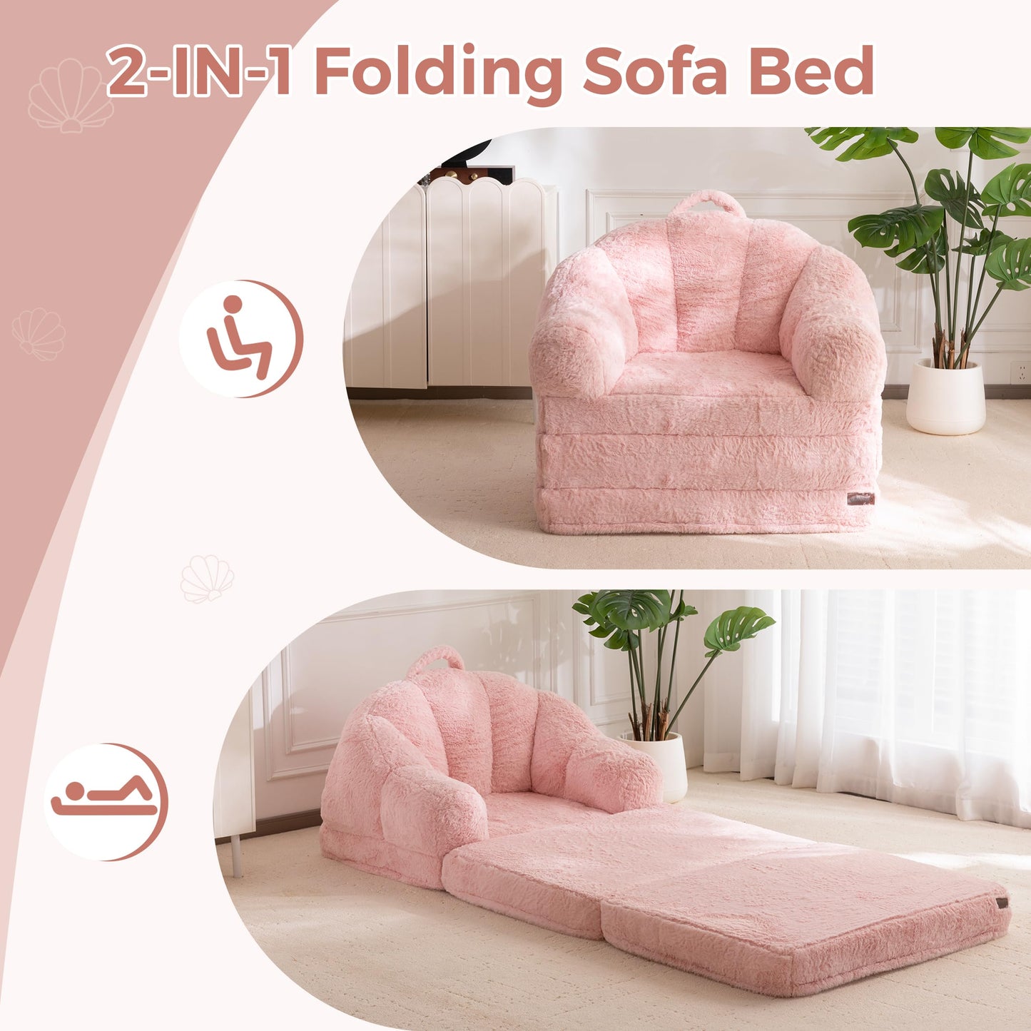 MAXYOYO Folding Sofa Bed, 2 in 1 Convertible Sofa to Lounger Comfy Single Bean Bag Chair for Adults, Floor Couch with Handle, Faux Fur Couch Bed for Living Room Bedroom, Pink