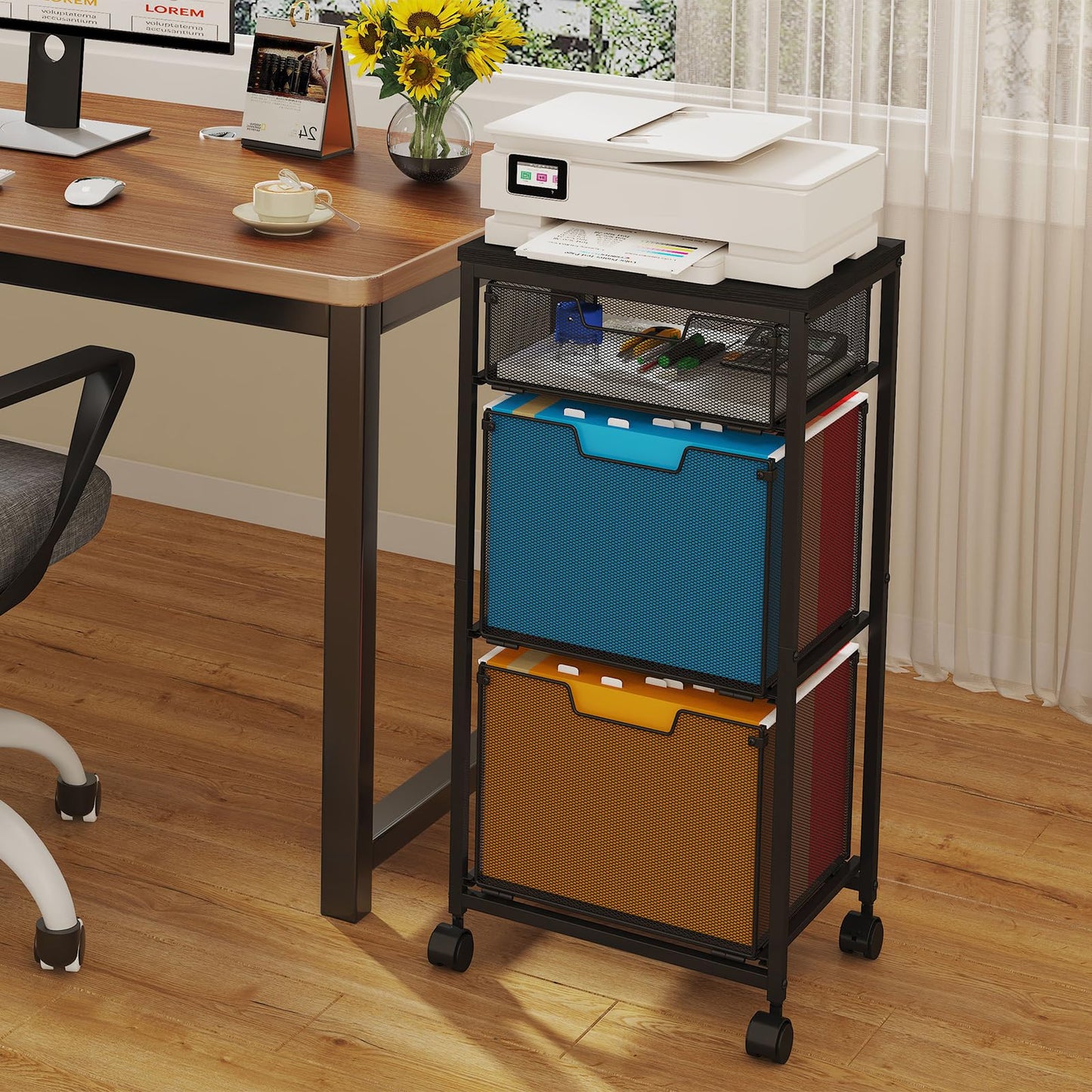 Sbanmao 3 Drawer Mobile File Cabinet for Home Office, Rolling Filing Cabinet on Lockable Wheels, Hanging File Folders Organizer, Utility Cart Storage and Organizer, Printer Stand, Black