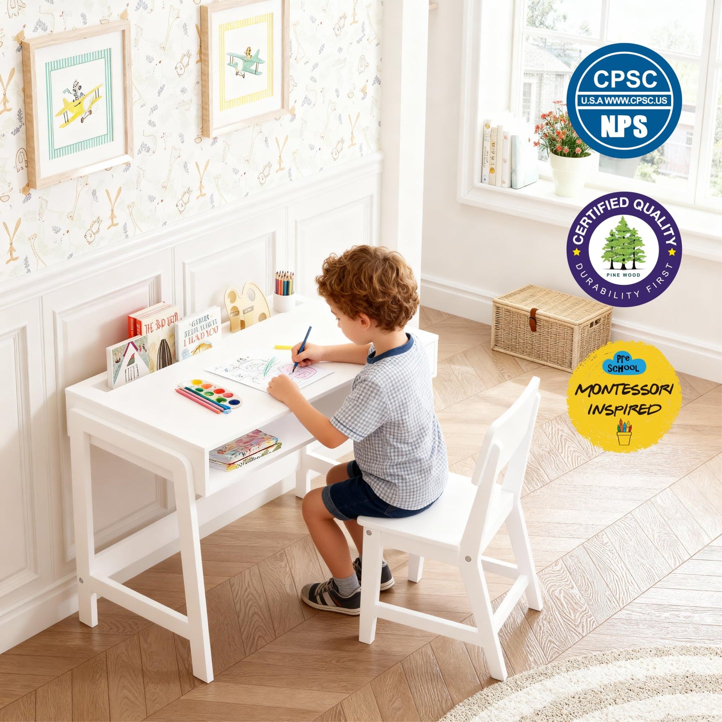 UTEX Kids Desk and Chair Set, Study Desk for Kids with Storage Bins, Wooden Children Study Table, Student Writing Desk for Bedroom & Study Room (1 Open & 1 Drawer)