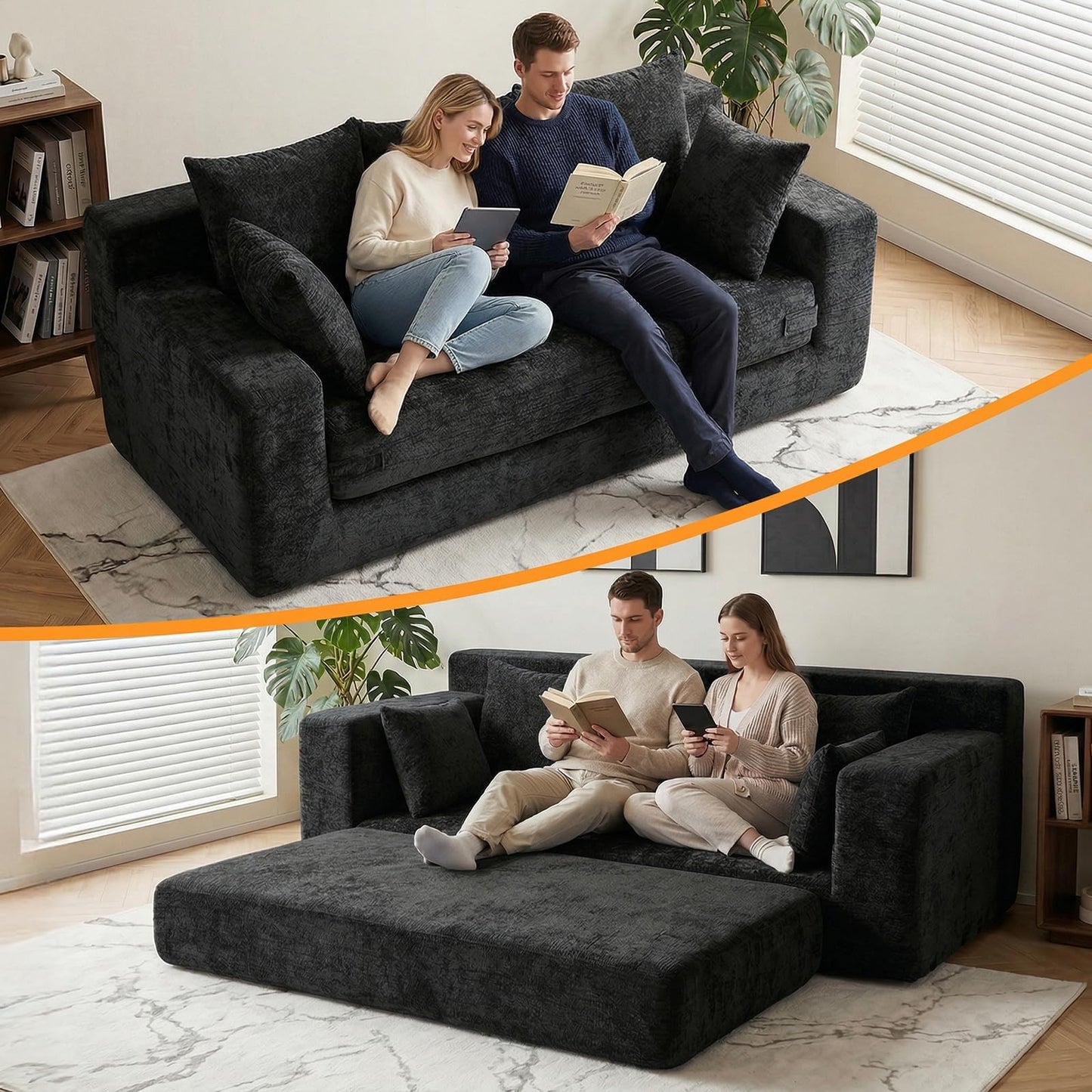 Winzoo Boneless Couches 70", 3 Seater Boneless Couch with Pull Out Sofa Bed, Black Boneless Couch with 5 Pillows, Plush Velvet Sofa for Living Room & Bedroom