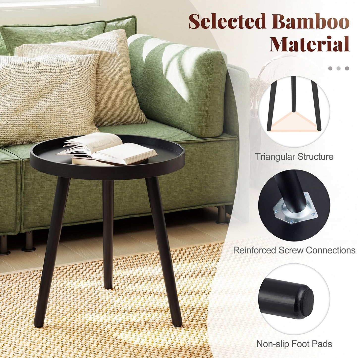 Giantex Round End Table, Mid Century Modern Side Table with Wooden Tray & Bamboo Legs, Sofa Couch Accent Table, Small Coffee Table for Small Space Living Room, Nightstand for Bedroom, Black