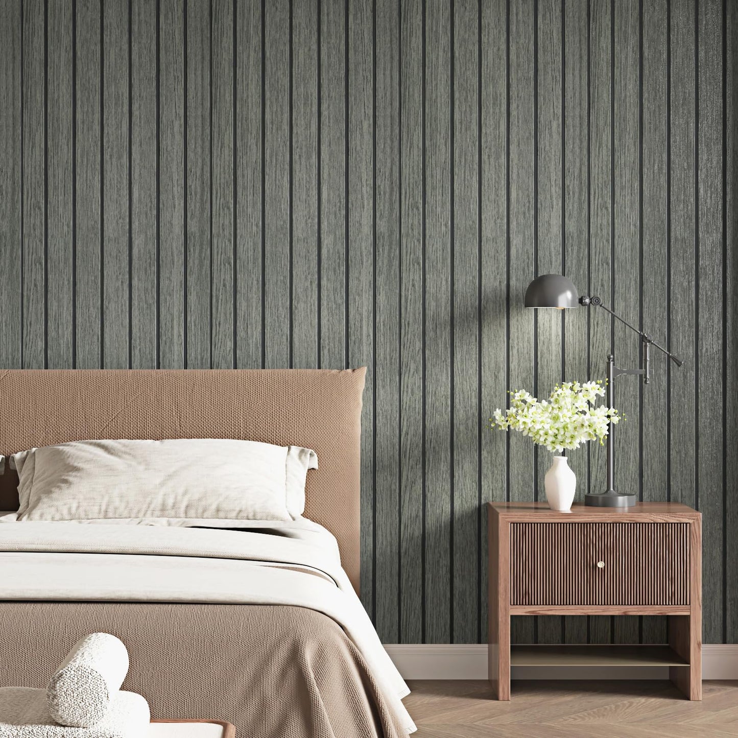 Skyblur Grey/Black Wood Slat Wall Panels for Interior Wall Decor PVC 3D Peel and Stick Wood Panels Textured Self Adhesive Removable Wooden Wallpaper for Bedroom Entrance Stick on Walls 11.8 x 118 in