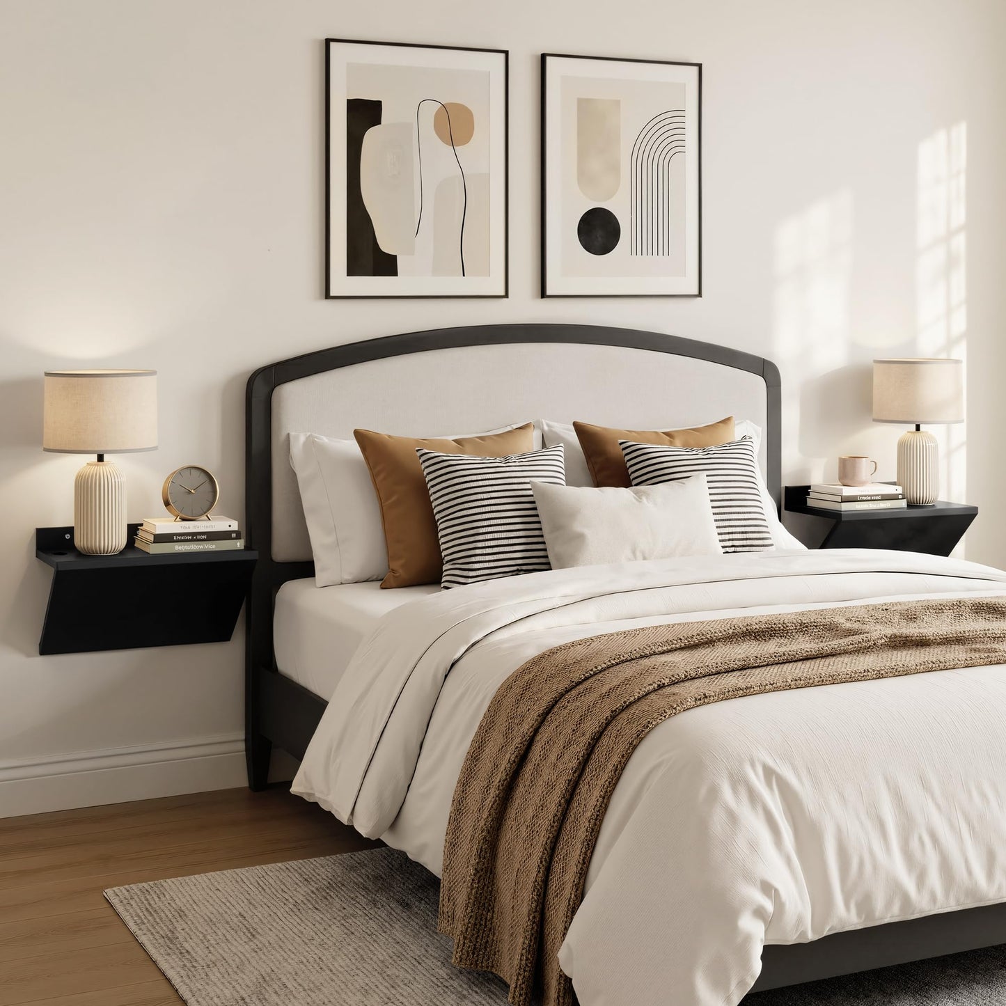 Petrala Floating Nightstand Set of 2, Black Wooden Bedside Table Wall Mount Nightstands Modern Side Table Wall Shelf Narrow Floater Night Stand Hanging End Table Z-Shape with Cable Hole for Bedroom