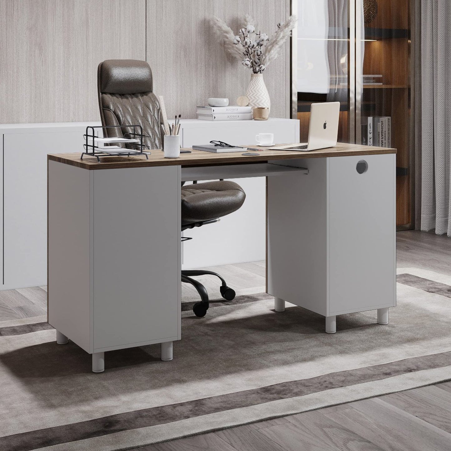 Modern Design Venice Computer Desk with Lockable Drawers, 53 Inch Home Office Desk with Storage Cabinet, Keyboard Tray & Cable Management, Modern Study Writing Desk for Small Spaces, Walnut and White
