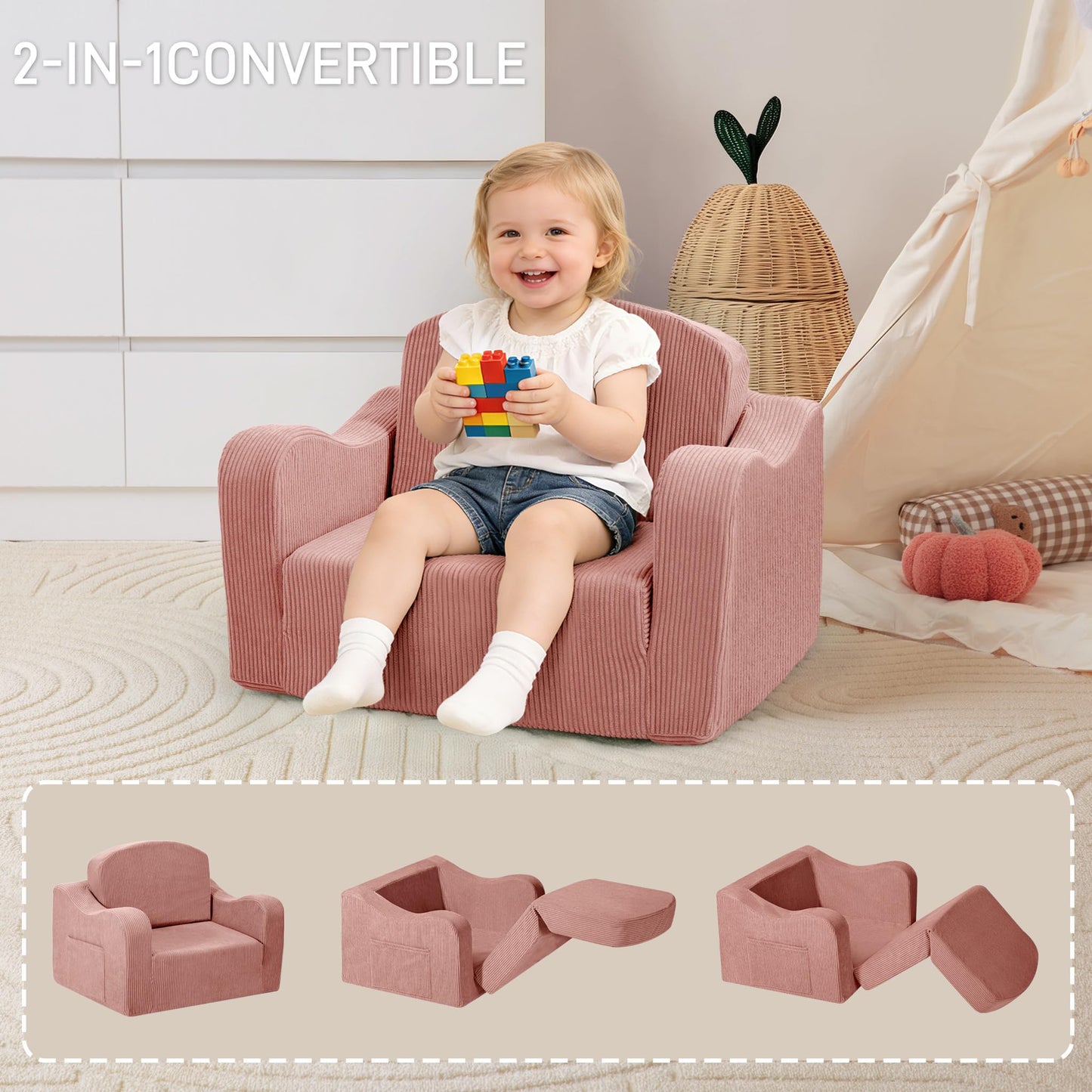 aodisman 2-in-1 Kids Chair and Couch, Thick Cozy Corduroy Kids Sofa, Convertible Foam Seating for Reading, Playing, Removable Washable Cover,Pink