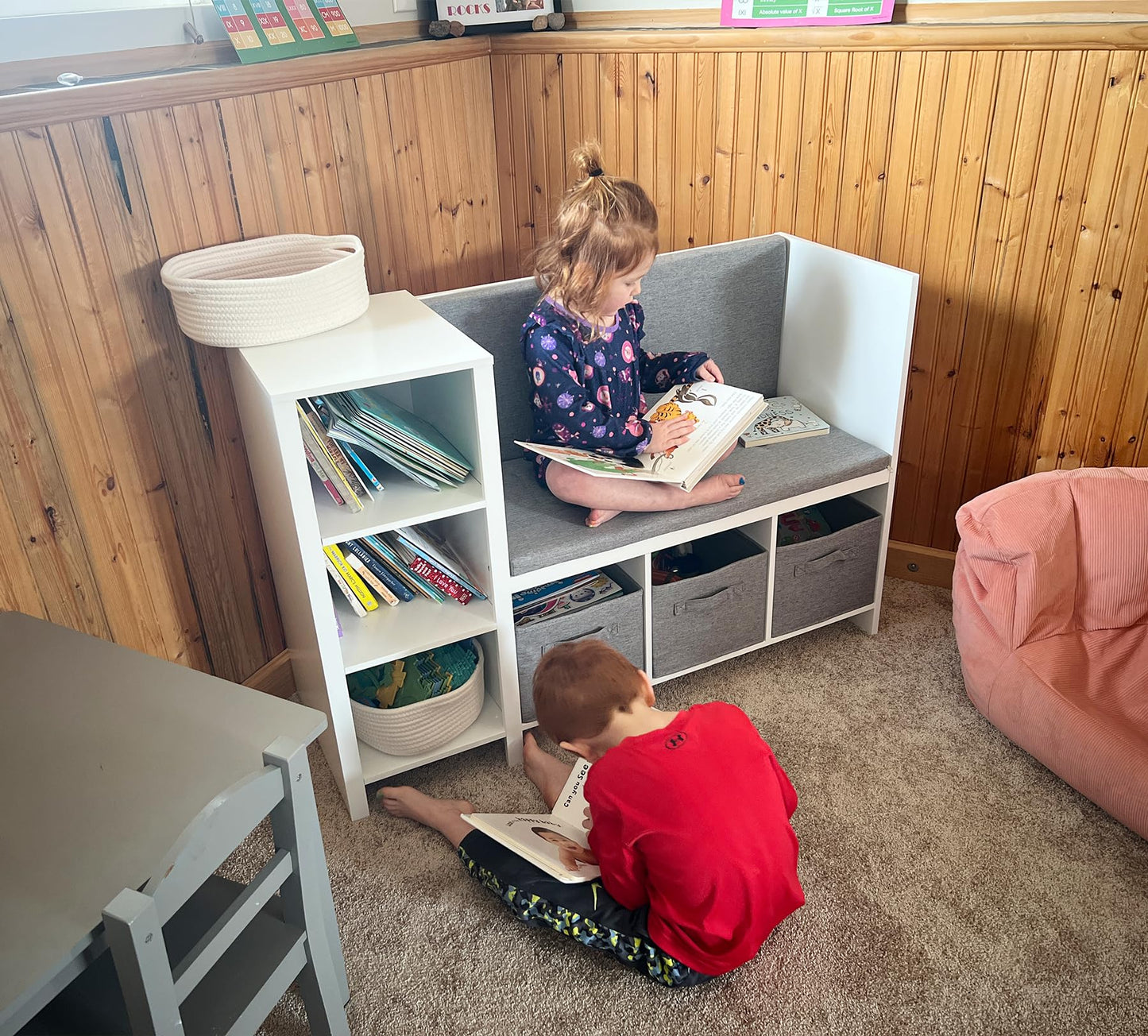 UTEX Kids Reading Nook Bench with Bookshelf, Kids Bookcase and Storage Organizer with Seat Cushion, Reading Bench with Bins for Bedroom & Entryway, White