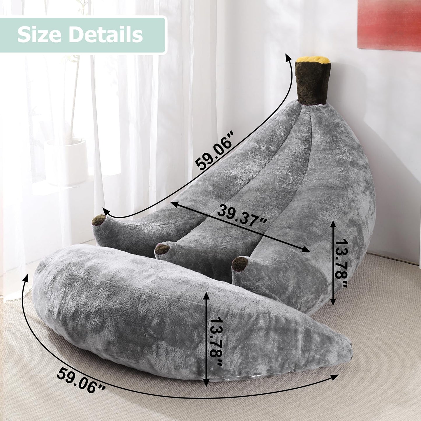 IEVENW Banana Bean Bag Chair with Ottoman, Floor Sofa Bed with Footrest, Comfy Convertible Lounger for Adults, Plush Couch for Bedroom, Living Room or Dorm, L-Grey