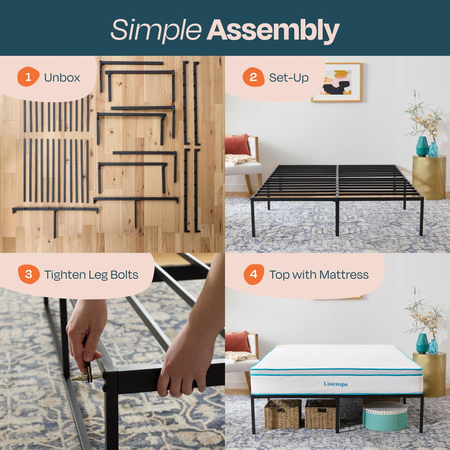 Linenspa Heavy Duty Metal Platform Bed Frame - No Box Spring Needed - Underbed Storage - Simple Toolless Assembly - 14” High - Sturdy - Steel Slats - Sleek Modern Design - Queen Size