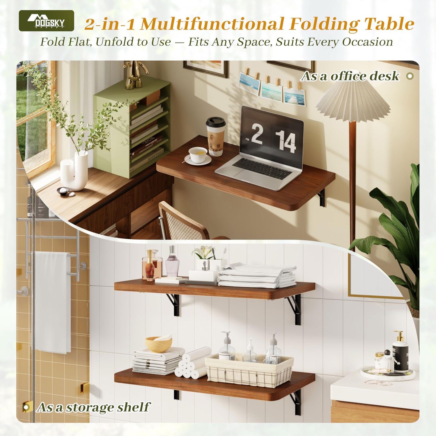Dogsky Floating Wall Desk, 24" x 14" Wall Mounted Folding Table, Pine Wood Fold Down Wall Table, 100 lb Capacity Wall Mount Desk for Small Apartment, Laundry Room,Kitchen,Bar & Computer, Walnut