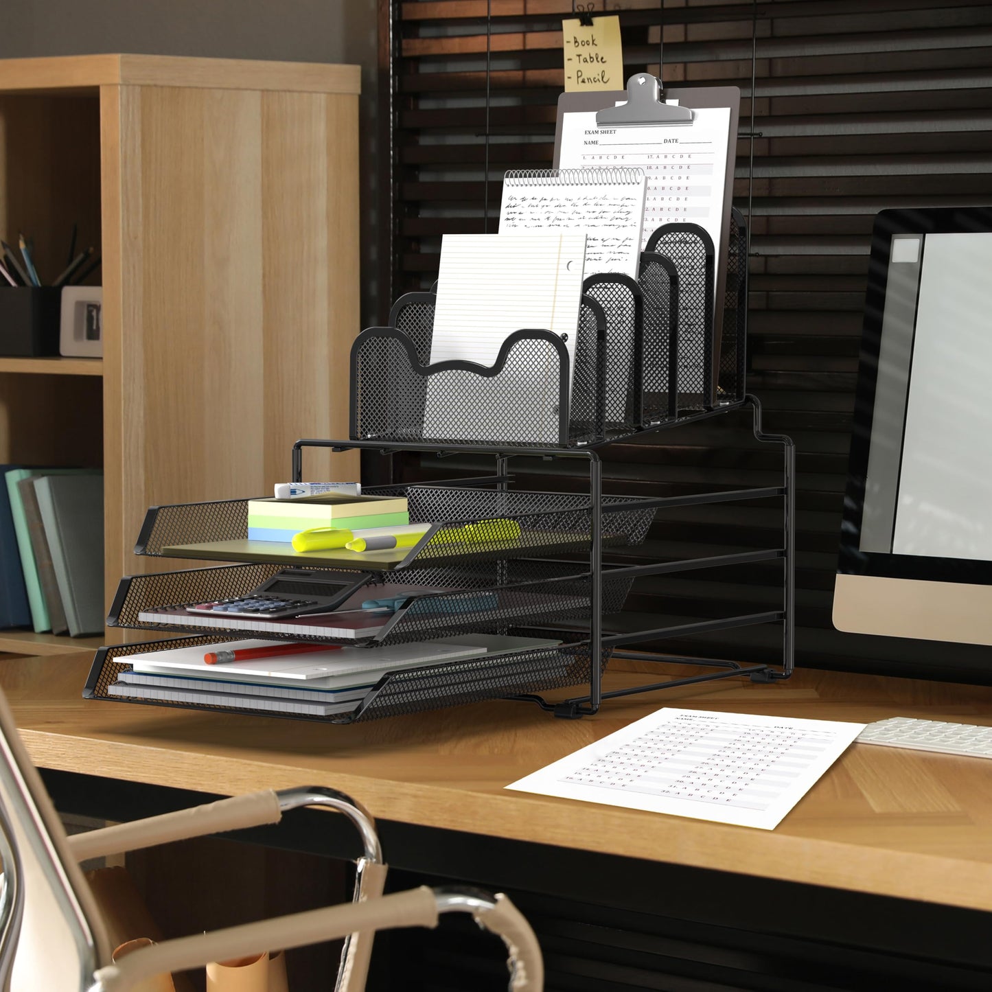 Simple Houseware Desk Organizer with 3 Sliding Tray and 5 Stacking Sections, Black
