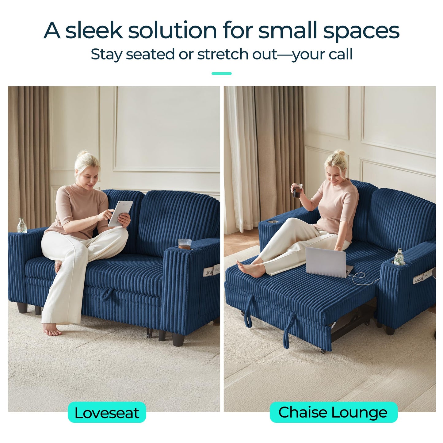 LINSY HOME Loveseat Sofa with Pull Out Couch Chaise: 2-in-1 Convertible 2 Seater Sofa with USB Charging & Cup Holders, Comfy Plush Corduroy Love Seat for Small Spaces Living Room Apartment, Blue