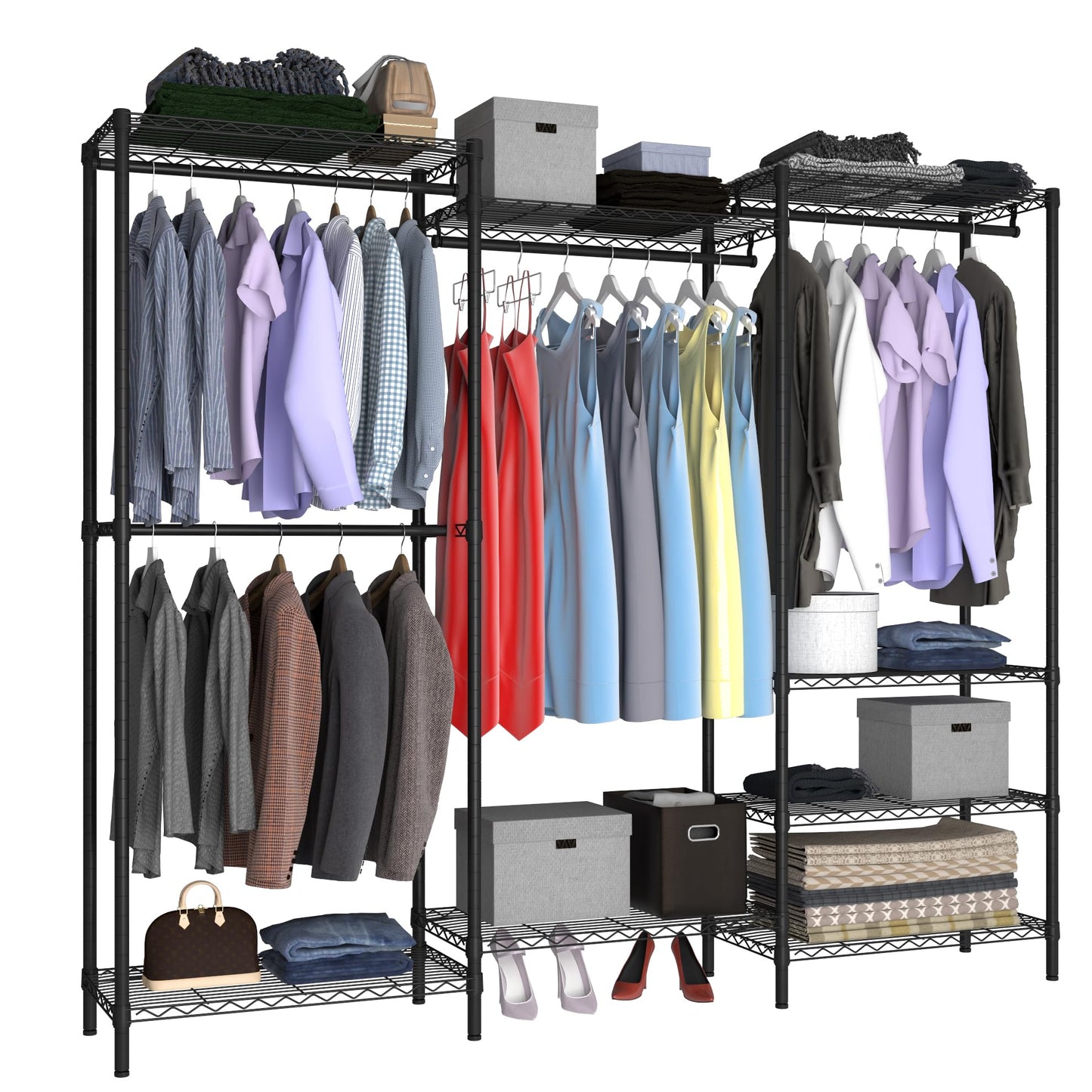Serxis Heavy Duty Clothes Rack,Freestanding Clothing Shelf,Metal Garment Rack,Adjustable Custom Closet Shelf, 75" L x 13.8" W x 75.2" H, Max Load 800LBS, Large(Black)