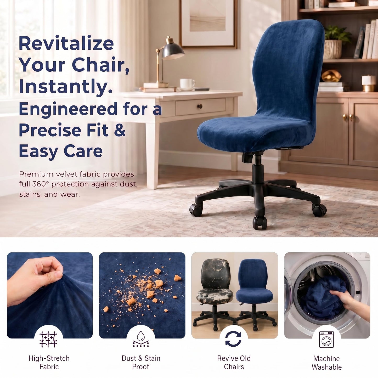 Deisy Dee Velvet Stretch Armless Office Chair Covers - Colorful Stretch Slipcover for Desk Chairs (Navy)