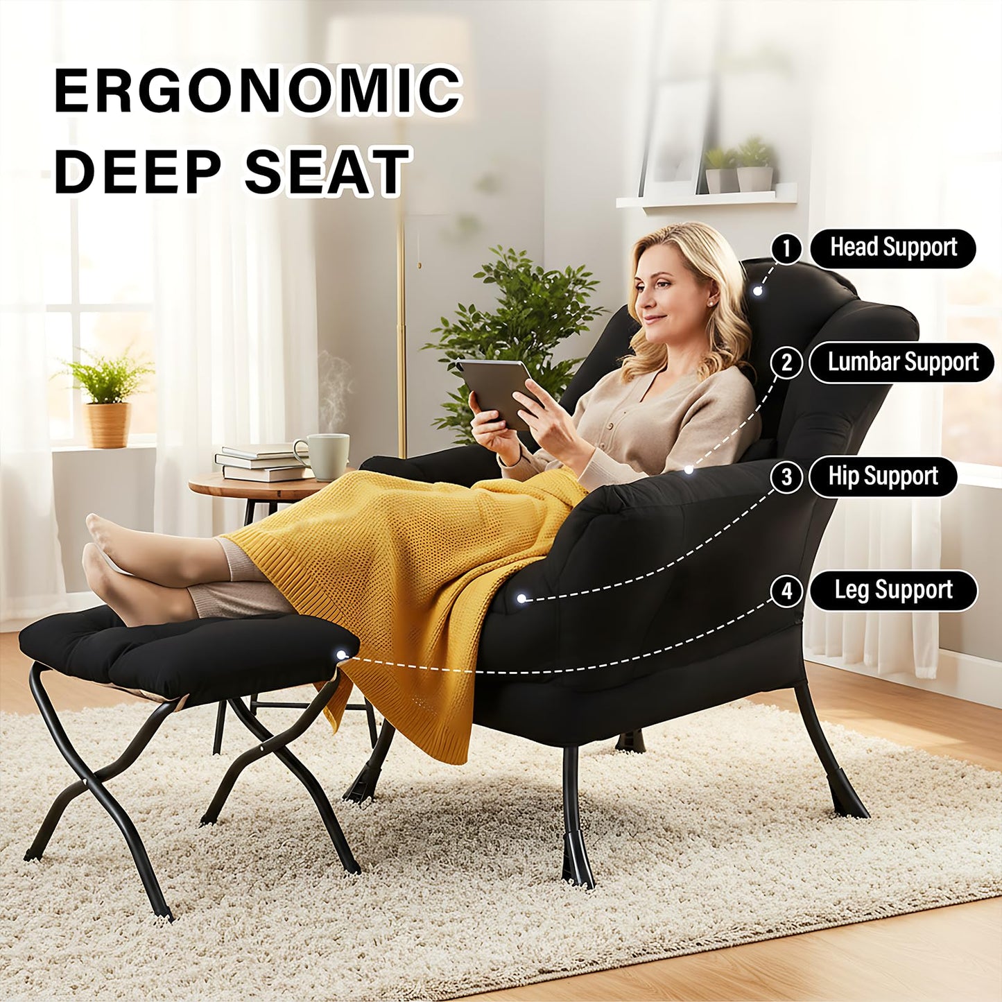Furlide Lazy Chair with Ottoman, Comfy Fabric Accent Lounge Arm Chair with Lumbar Pillow and Folding Footrest, Reading Leisure Sofa Chair for Bedroom, Living Room, Dorm,Black