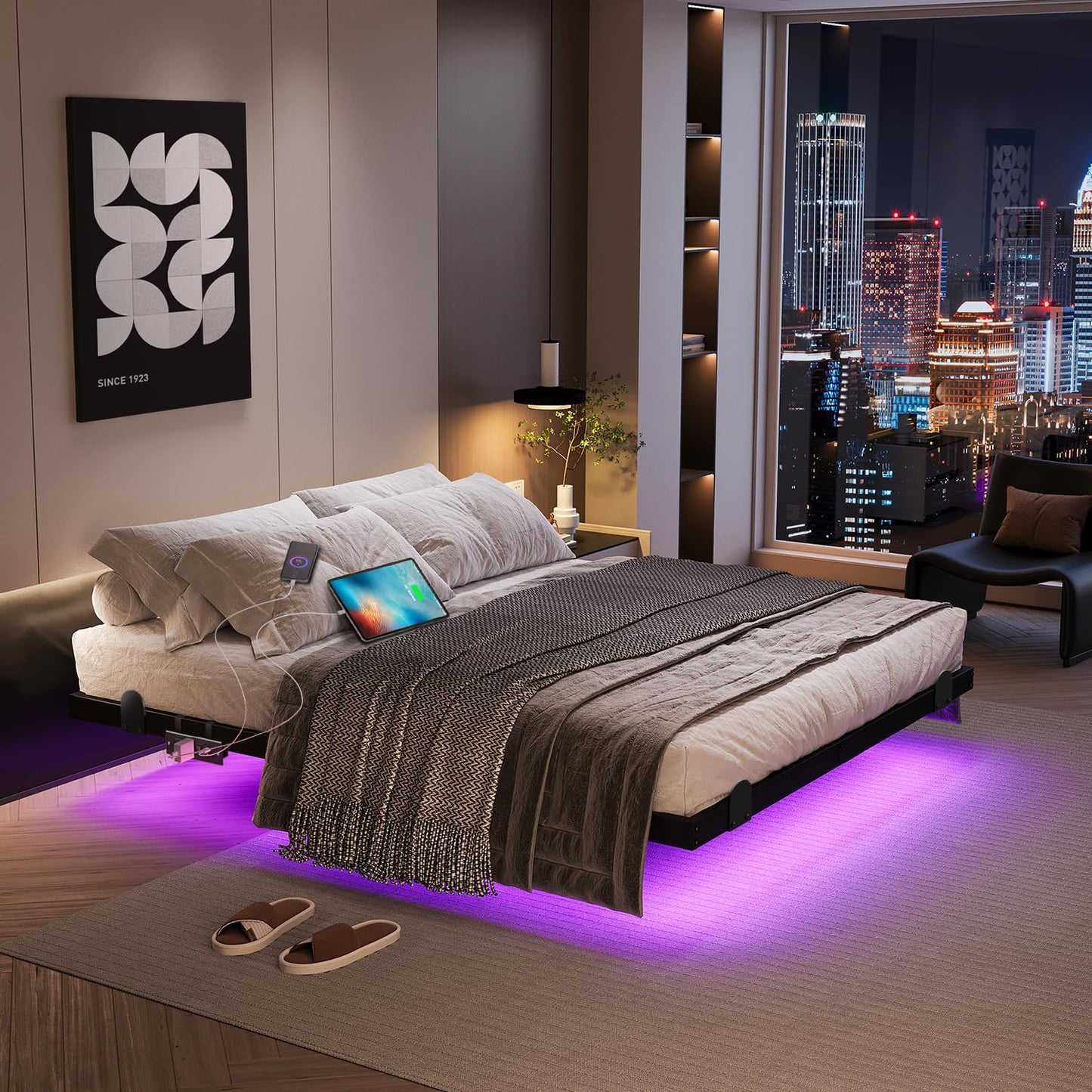 AGXI Floating Bed Frame with LED Lights and Charging Station, 10 Inch Floating Bed Frame Full, Metal Platform Full Bed, No Box Spring Needed, Easy to Assemble