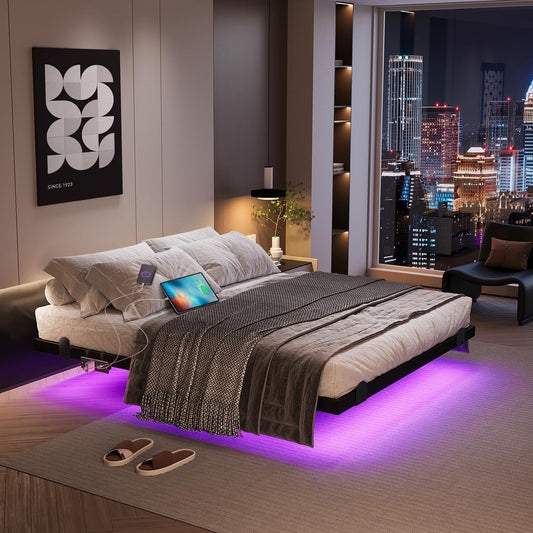 AGXI Floating Bed Frame with LED Lights and Charging Station, 10 Inch Floating Bed Frame Full, Metal Platform Full Bed, No Box Spring Needed, Easy to Assemble