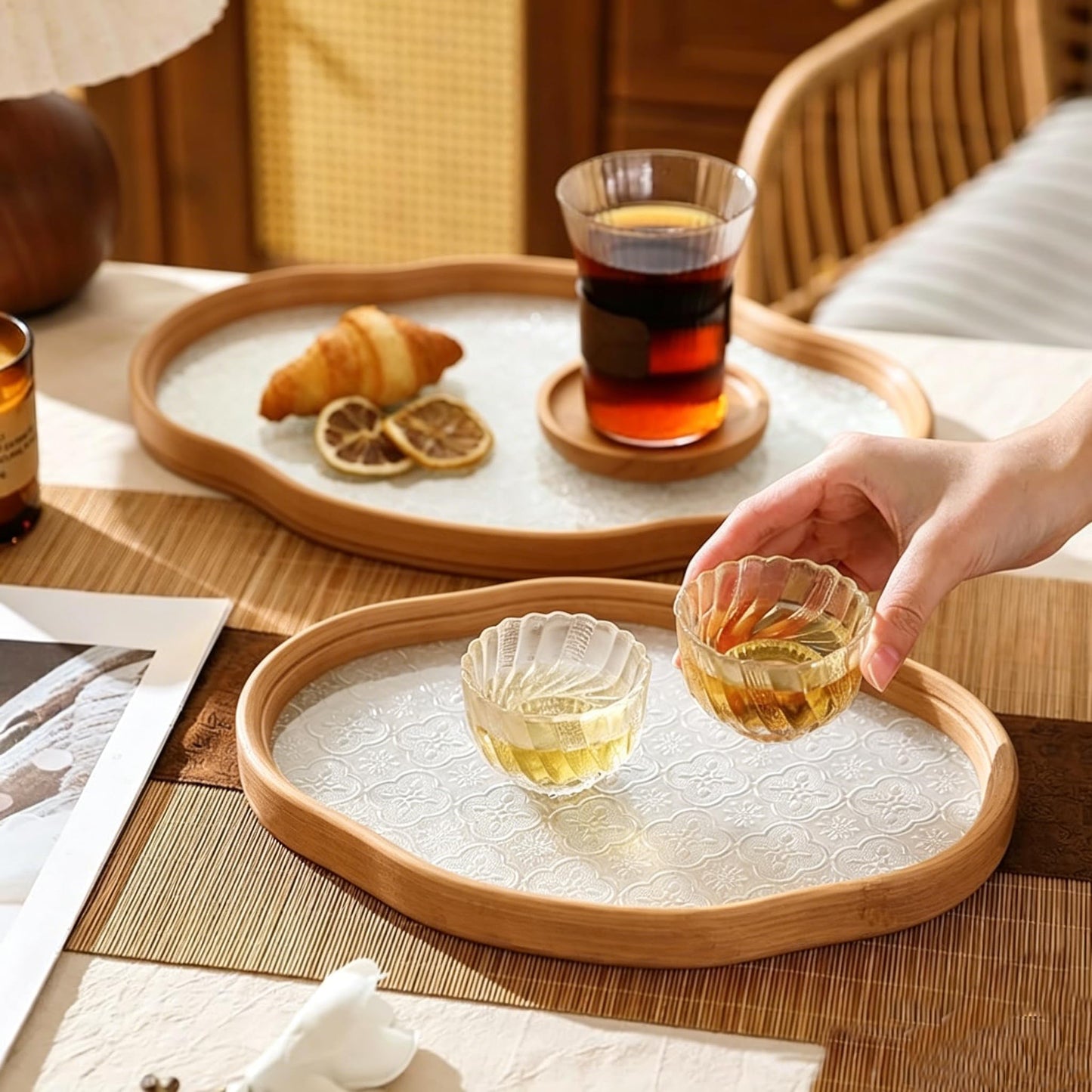Glass Decorative Serving Tray with Crabapple Pattern, Wood Decorative Tray for Coffee Table, Kitchen, Vanity, Bathroom, or Ottoman，Perfect for Bread Food Fruit Display & Storage