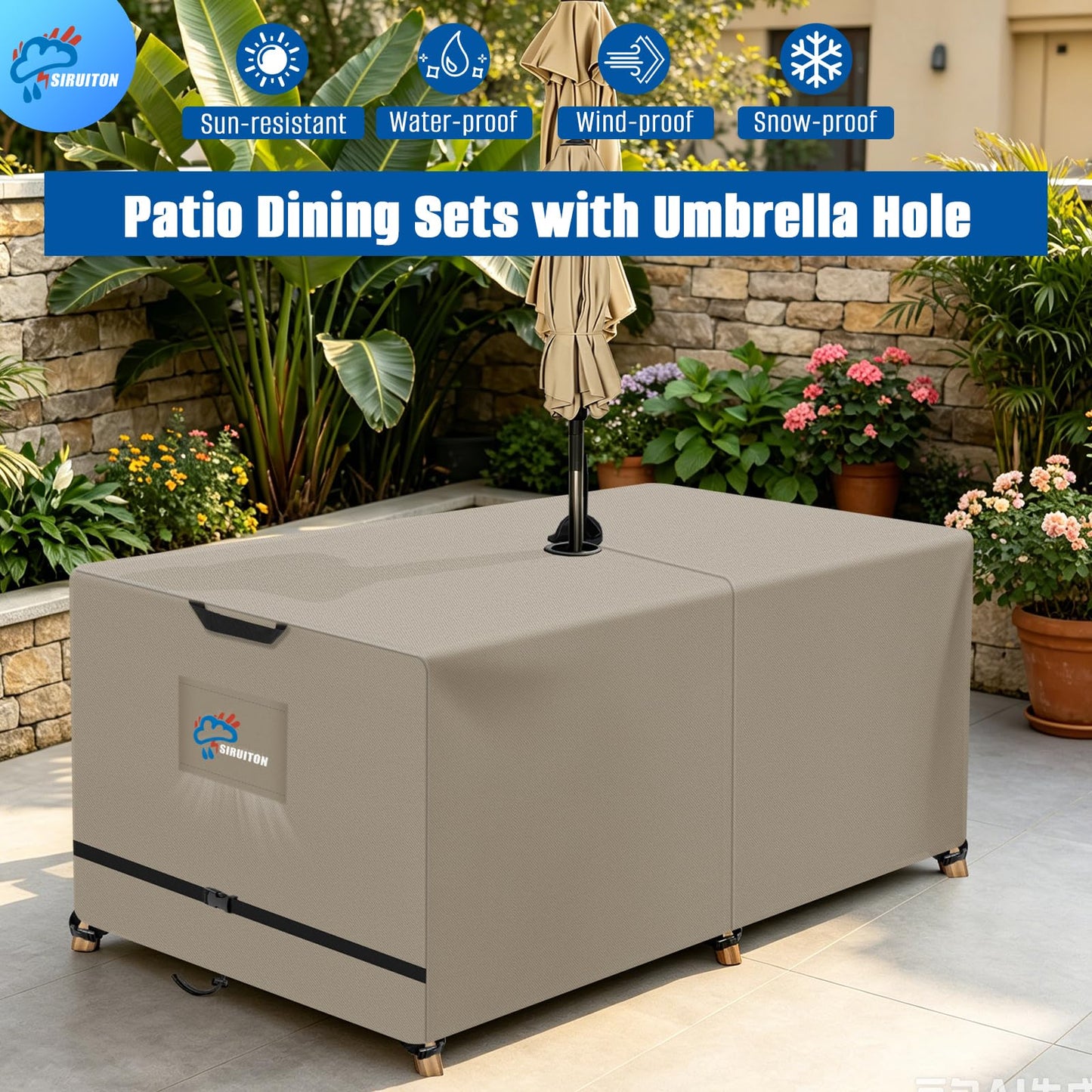 SIRUITON Rectangle Patio Table Cover with Umbrella Hole Heavy Duty 600D Oxford Fabric Outdoor Waterproof Lawn Patio Furniture Covers