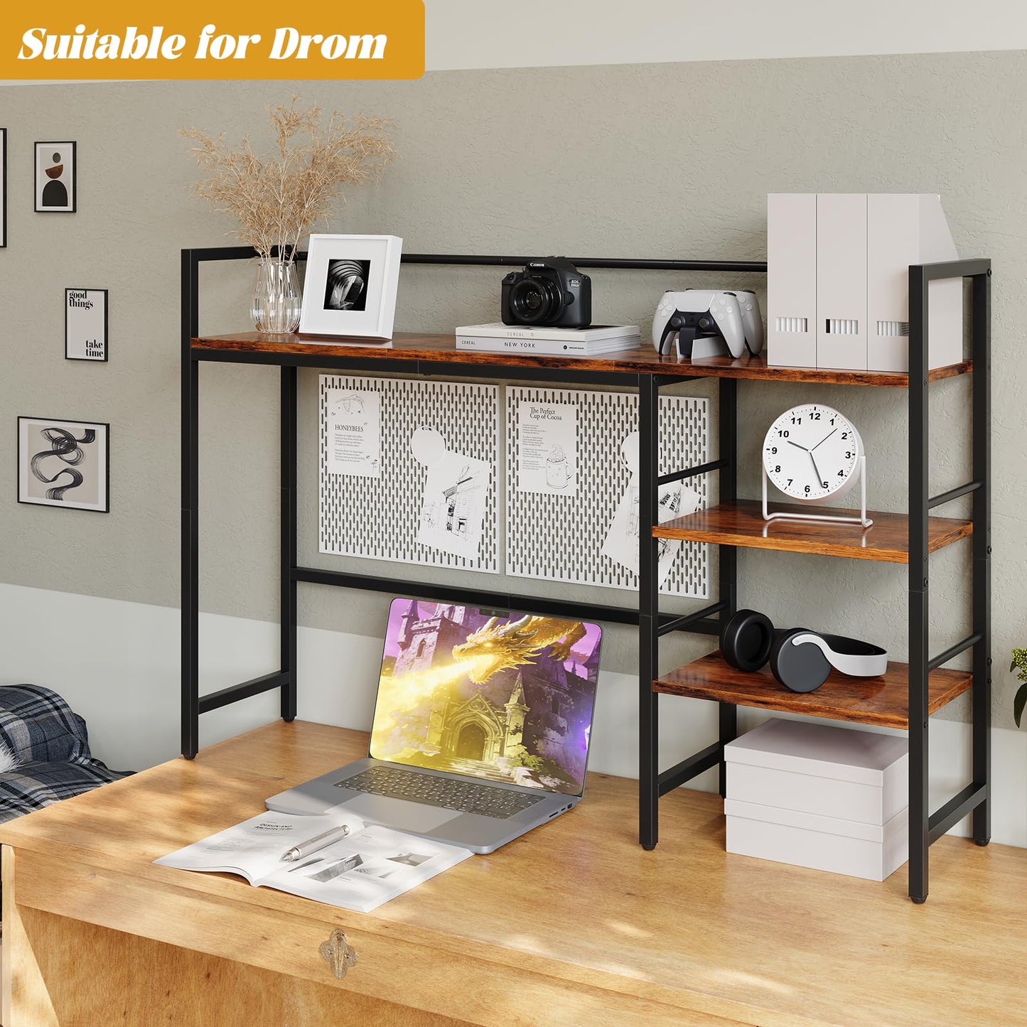 HavenlyYouth Desk Shelf, 45.4 Inch Wood Desk Organizer Shelf for Computer Monitor, Desk Hutch Storage, Desktop Shelf for Top of Desk, 3 Tier Desktop Bookshelf for Home Office Dorm, Rustic