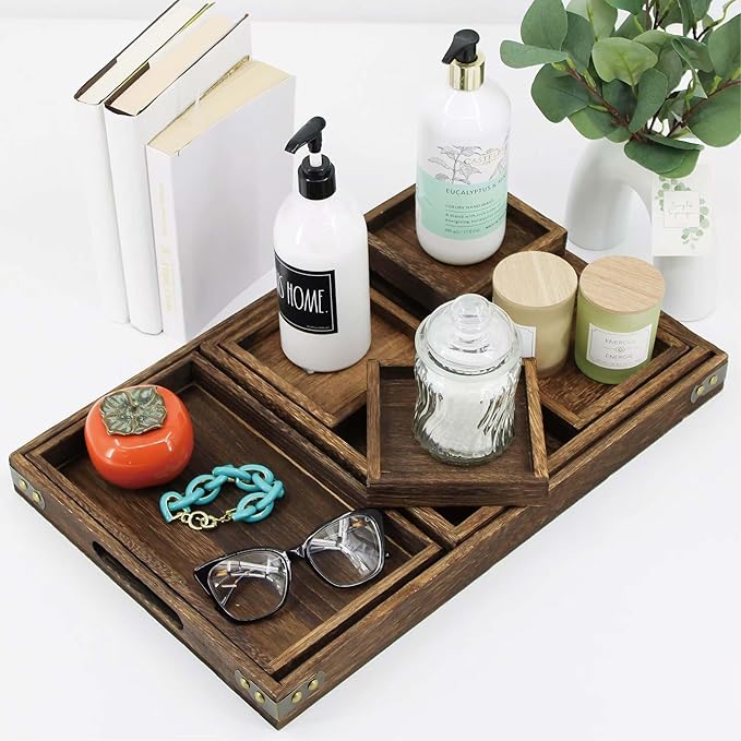 5-Piece Rustic Wooden Serving Tray Set, Handcrafted Nesting Trays