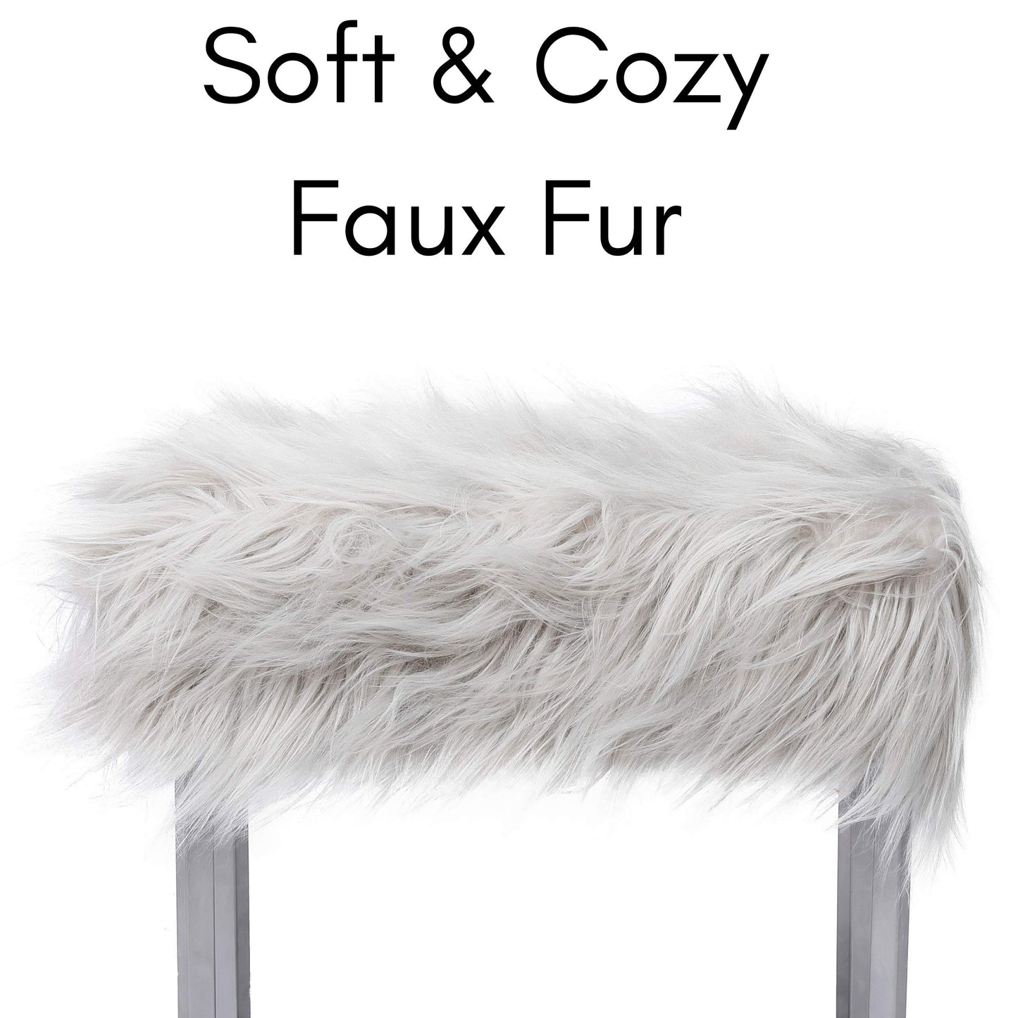 BIRDROCK HOME Rectangular Faux Fur Vanity Foot Stool Ottoman with Metal Legs - Small Soft Padded and Fluffy Makeup Seat or Foot Rest for Bedroom, Desk, or Dressing Table (Gray and Silver)