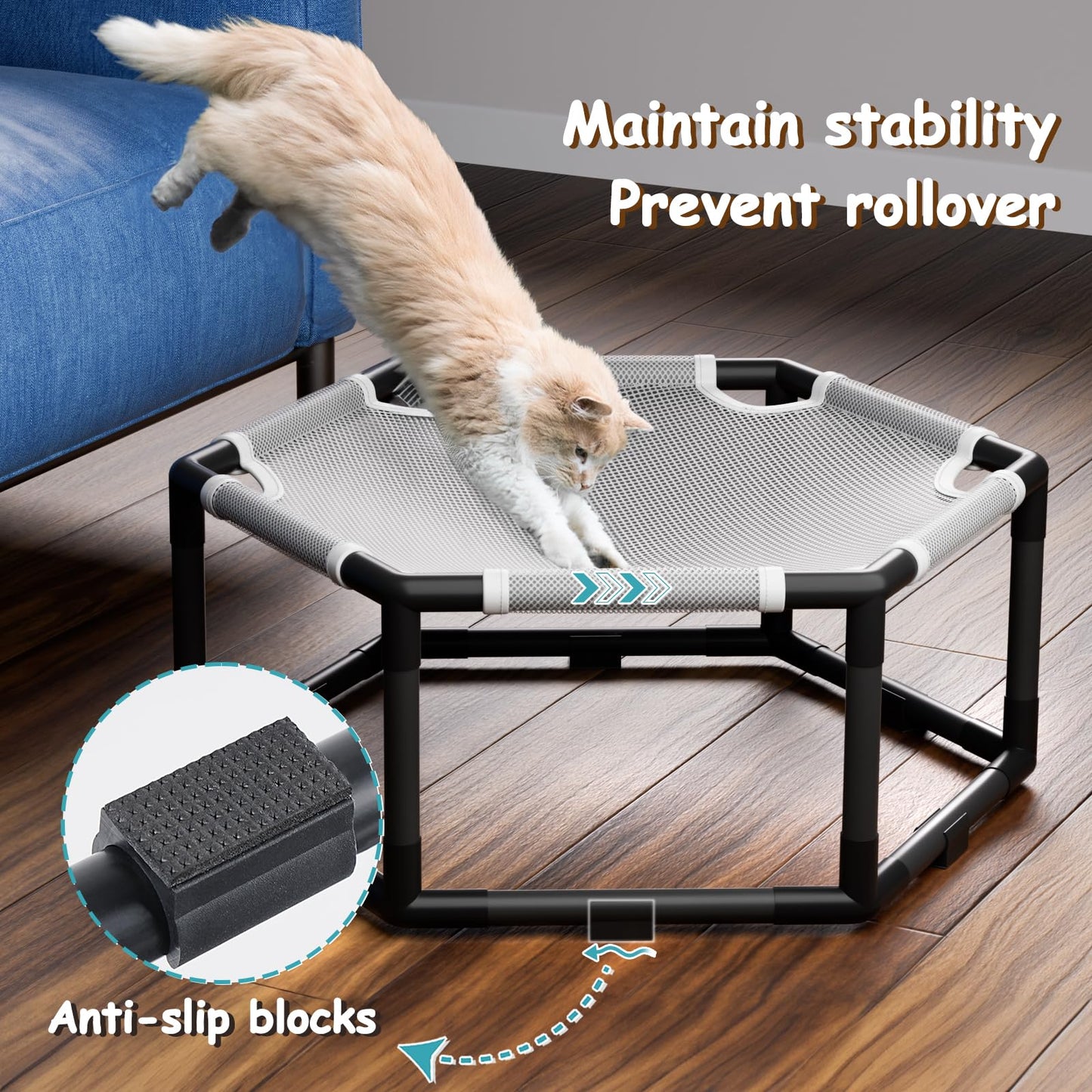 Tresbro Elevated Cat Hammock Bed, Hexagon Raised Cat Swing Bed for Indoor and Outdoor Use with Breathable Fabric & Anti-Slip Block, 23.6'' x 10.6'' x 12'' Pet Chair for Large to Small Kitty Cot