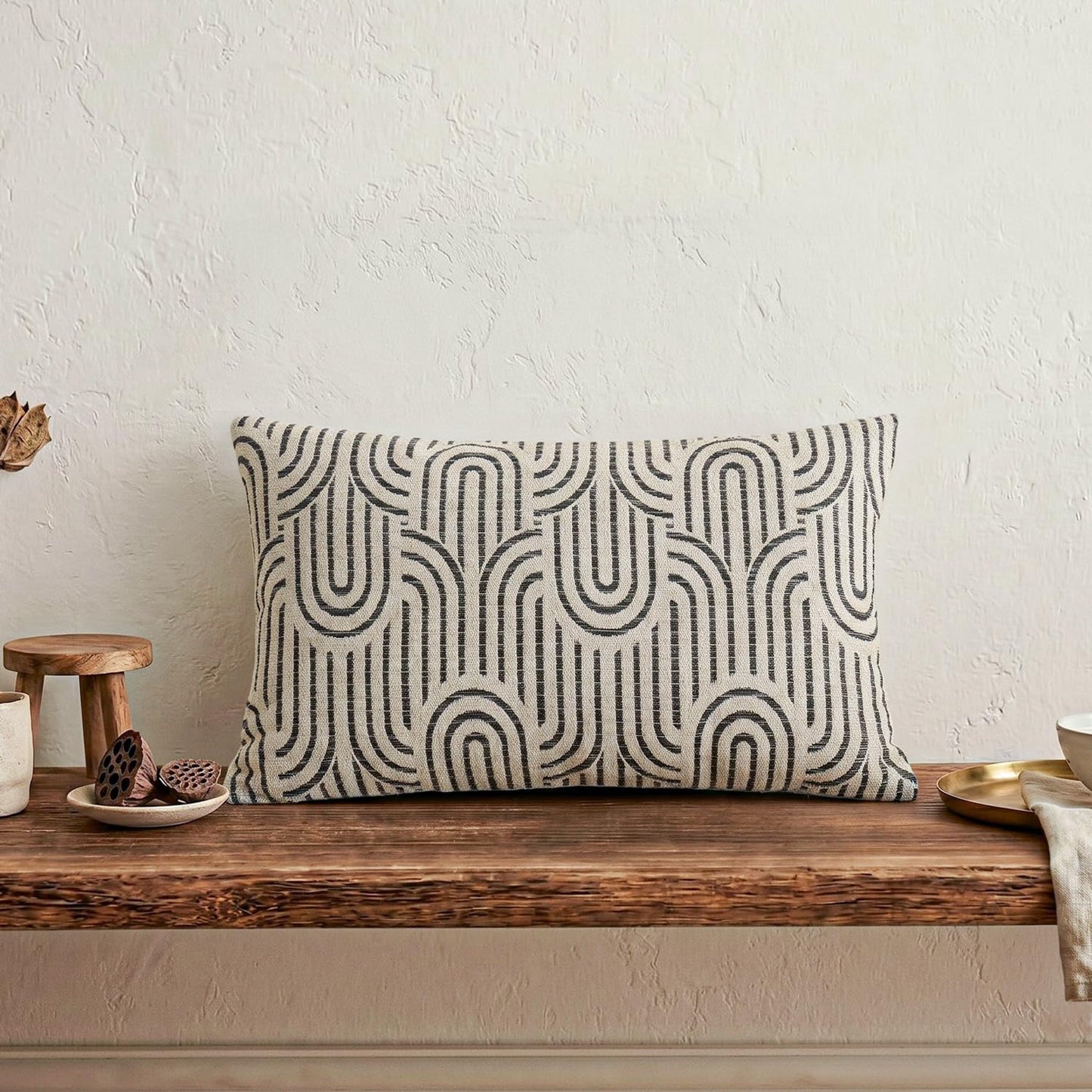 Jonhier Geometric Lumbar Throw Pillow Cover, Textured Modern Boho Neutral Decorative Cushion Case for Couch Sofa Bedroom Bed, Arc Pattern Mid Century Farmhouse Khaki Accent Pillowcase, 12 x 20 Inch