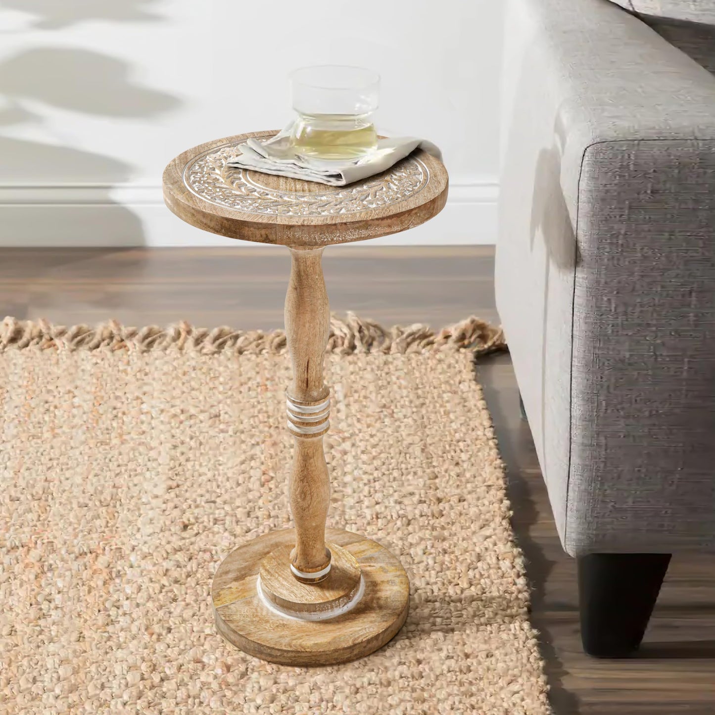 The Wooden Town Hand-Carved Solid Wood End Table - 12x22 White Wash Finish Accent Side Table for Living Room, Bedroom Nightstand, Small Pillar Table for Plants or Décor